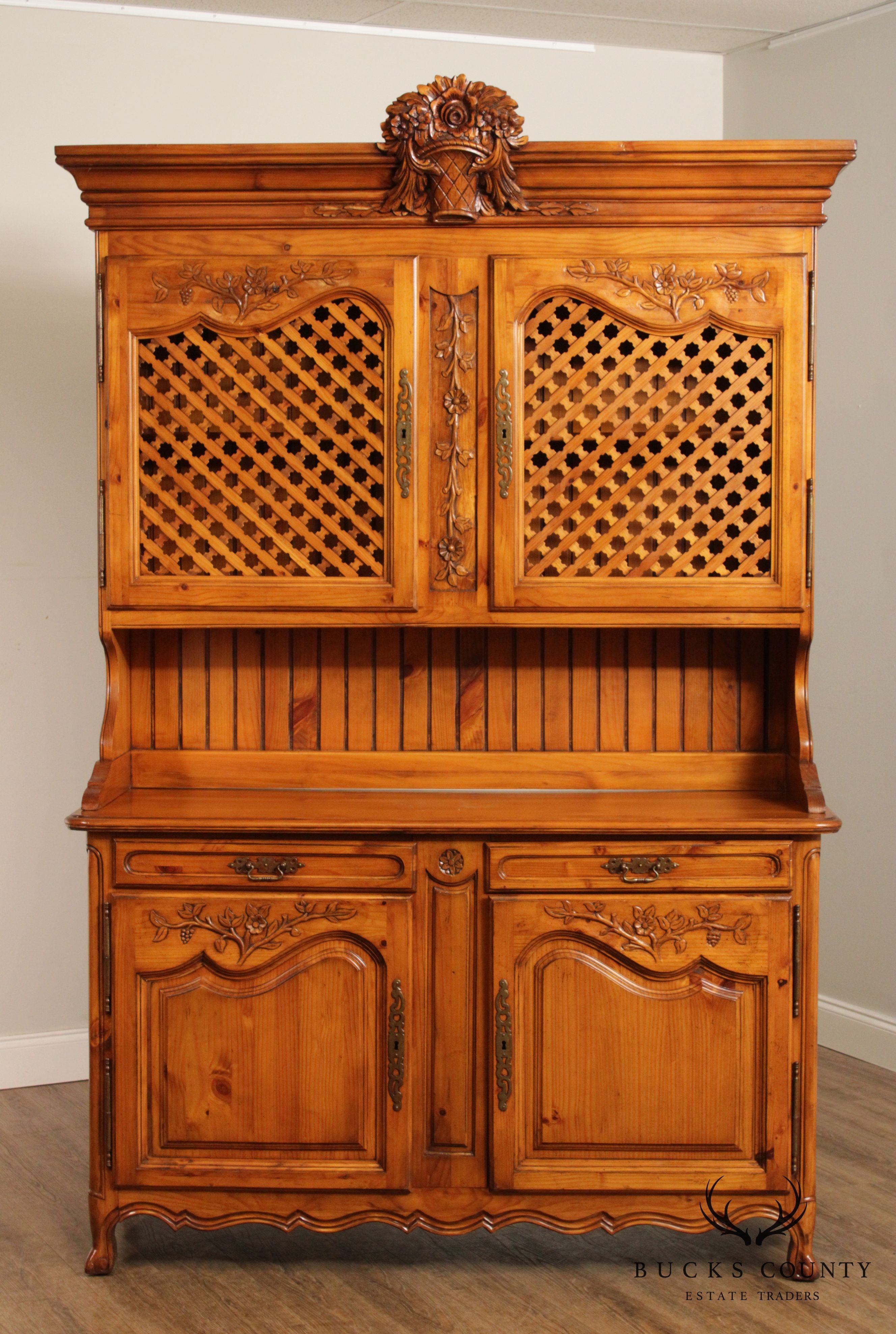 French Country Provincial Style Pine Carved Buffet Hutch Cabinet