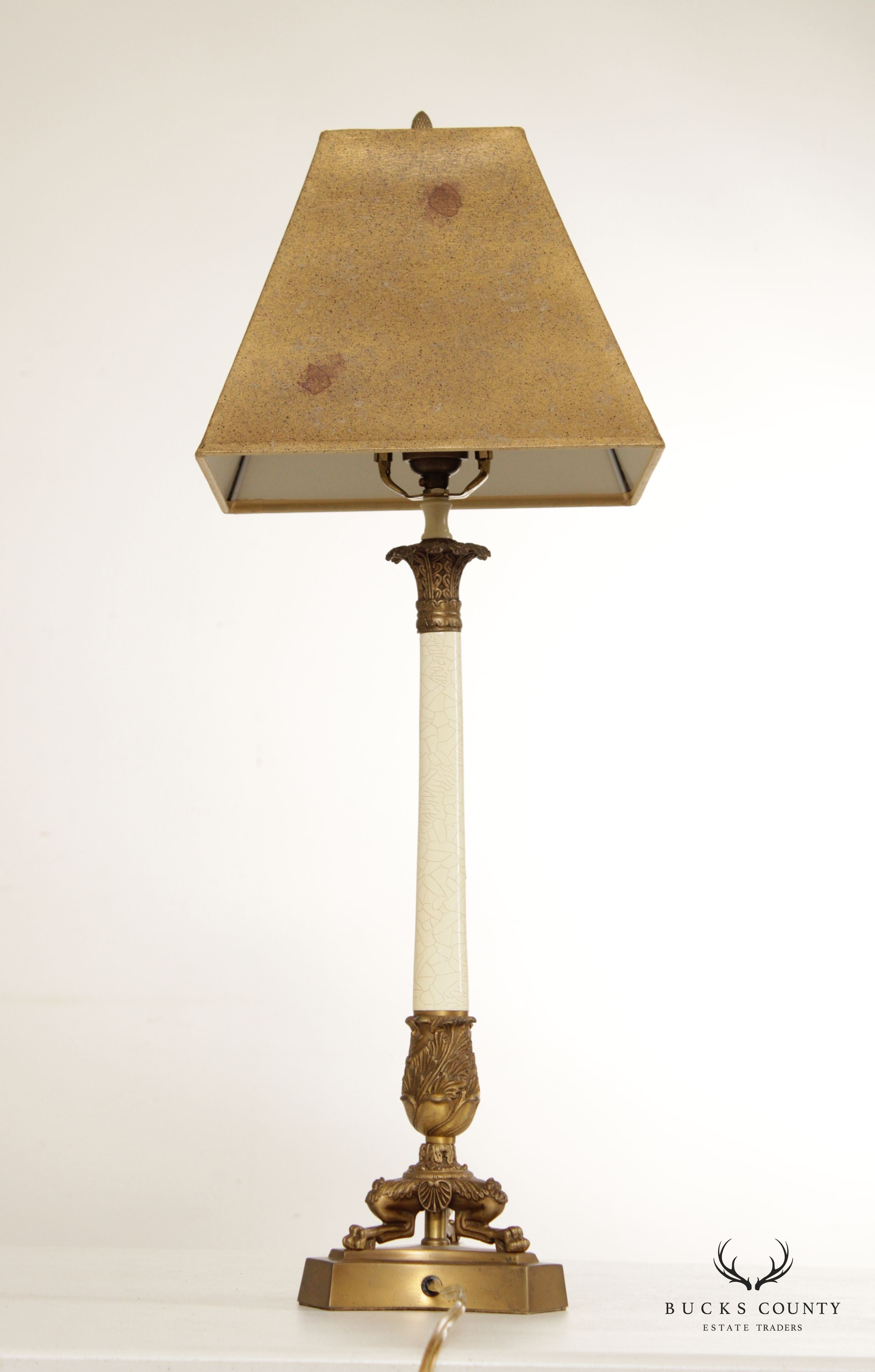 French Neoclassical Style Pair Brass Column Table Lamps