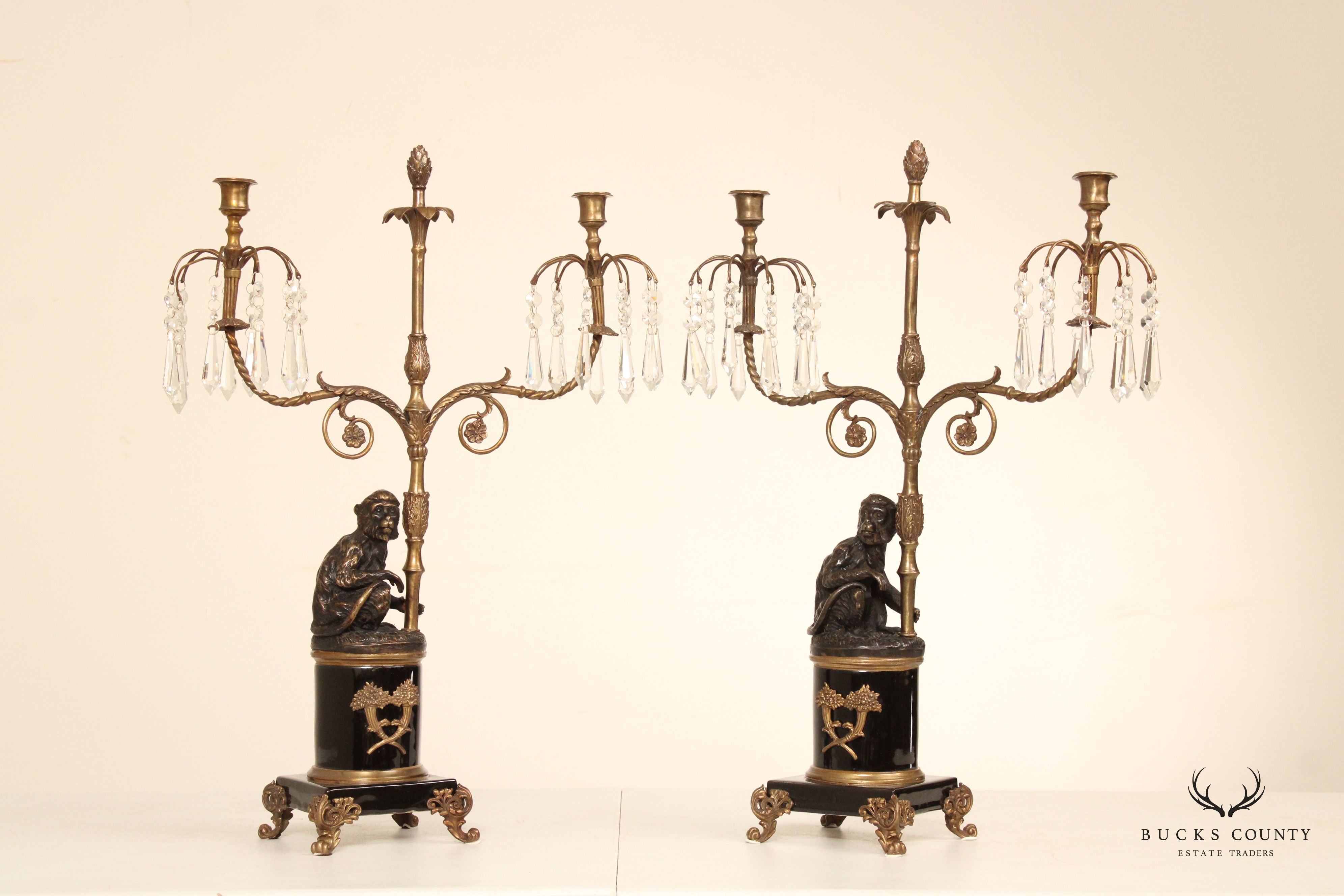 Castilian Imports Regency Style Pair of Figural Bronze Monkey Candelabra