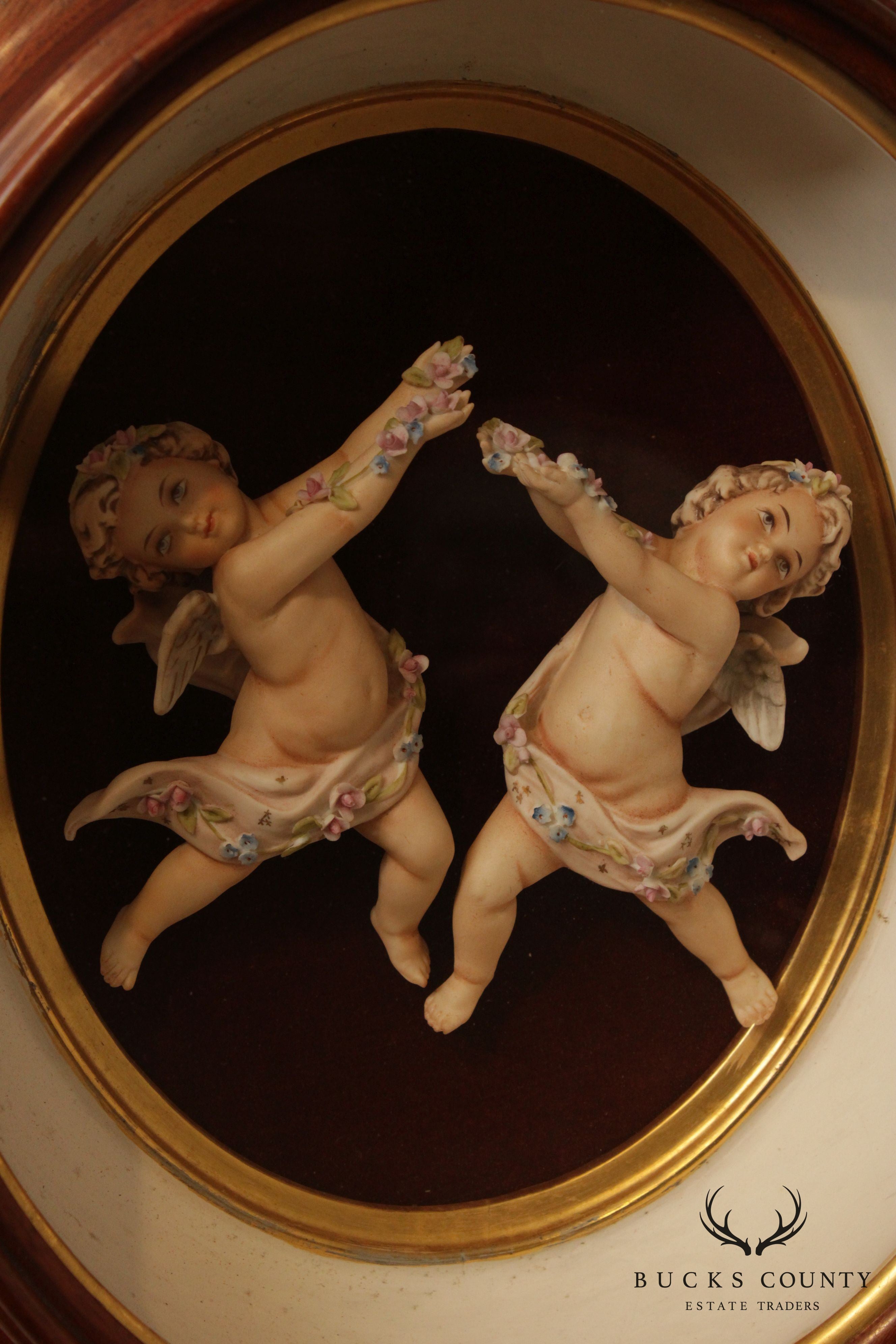 Porcelain Cherub Oval Framed Figurines