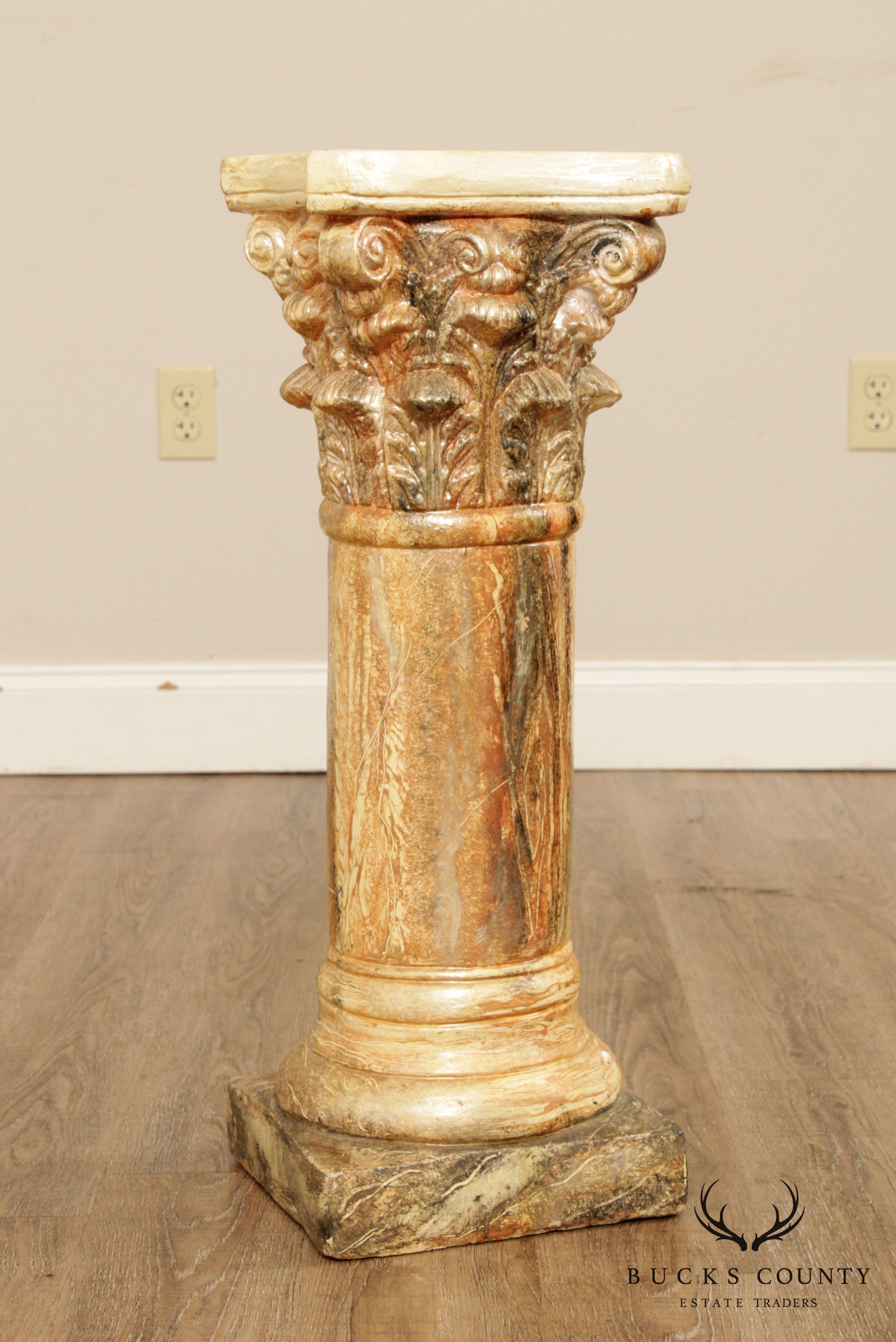 Neoclassical Faux Marble Painted Corinthian Column Pedestal