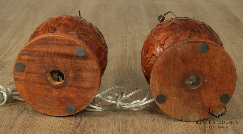 Quality Pair Curved Wood Sphere Table lamps