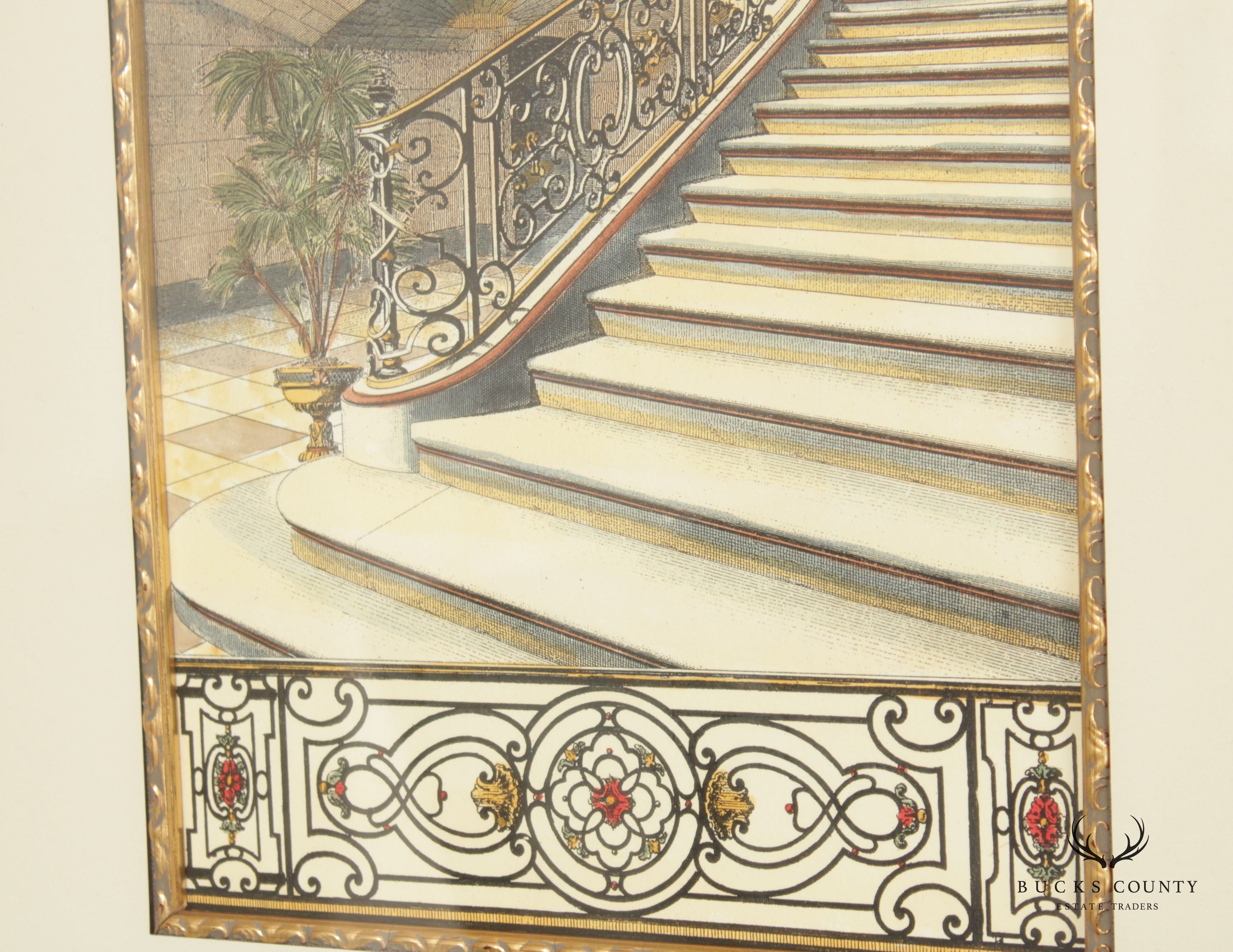 Art Nouveau Style Pair Architectural Staircase Prints, Custom Framed