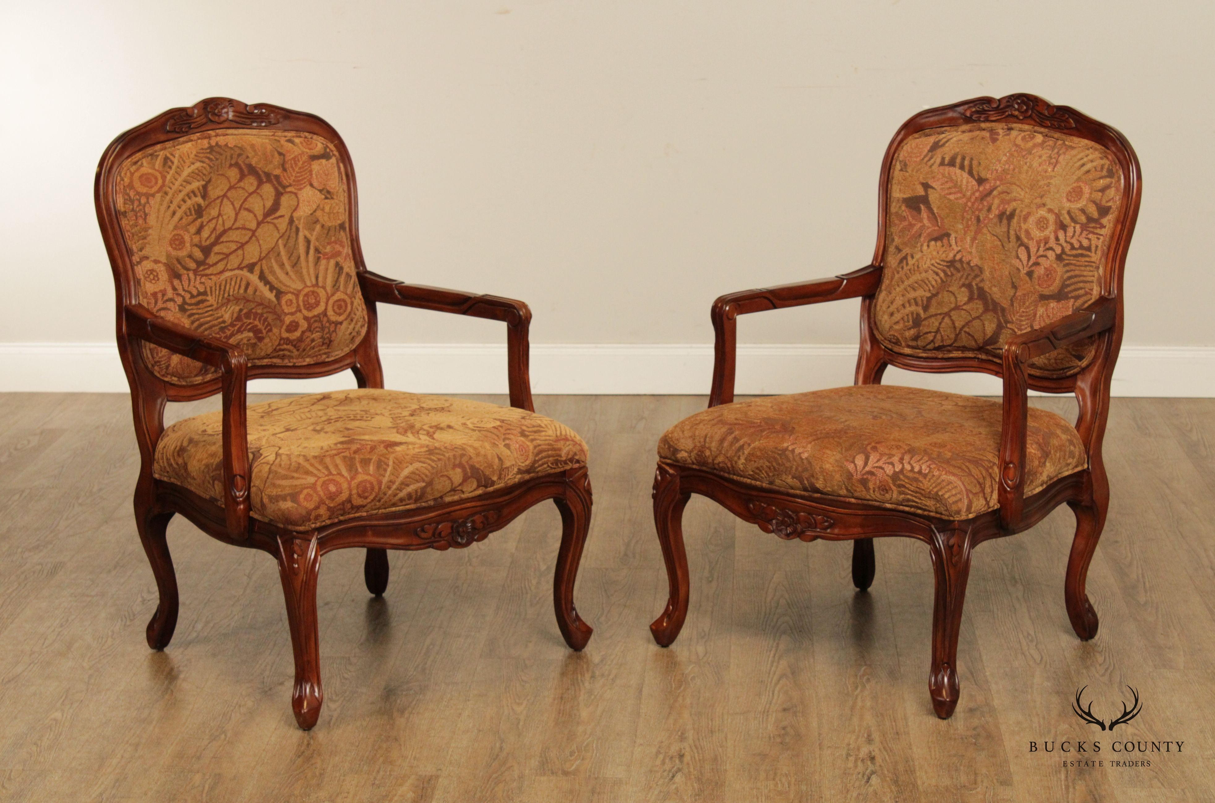 French Louis XV Style Pair of Carved Fruitwood Fauteuil Armchairs