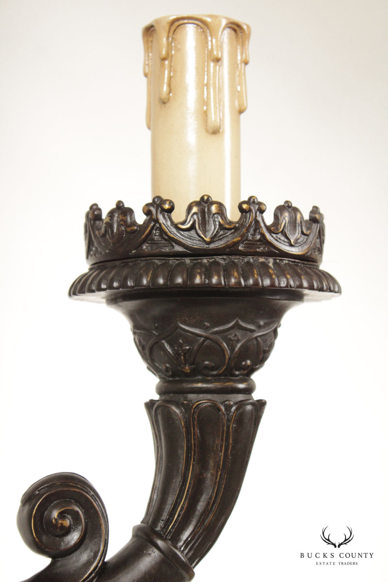Gothic Revival Style Pair of Bronze Five-Light Candelabra