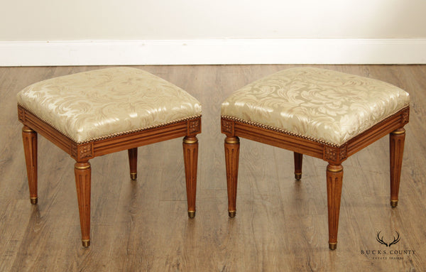 French Louis XVI Style Pair of Walnut Upholstered Stools