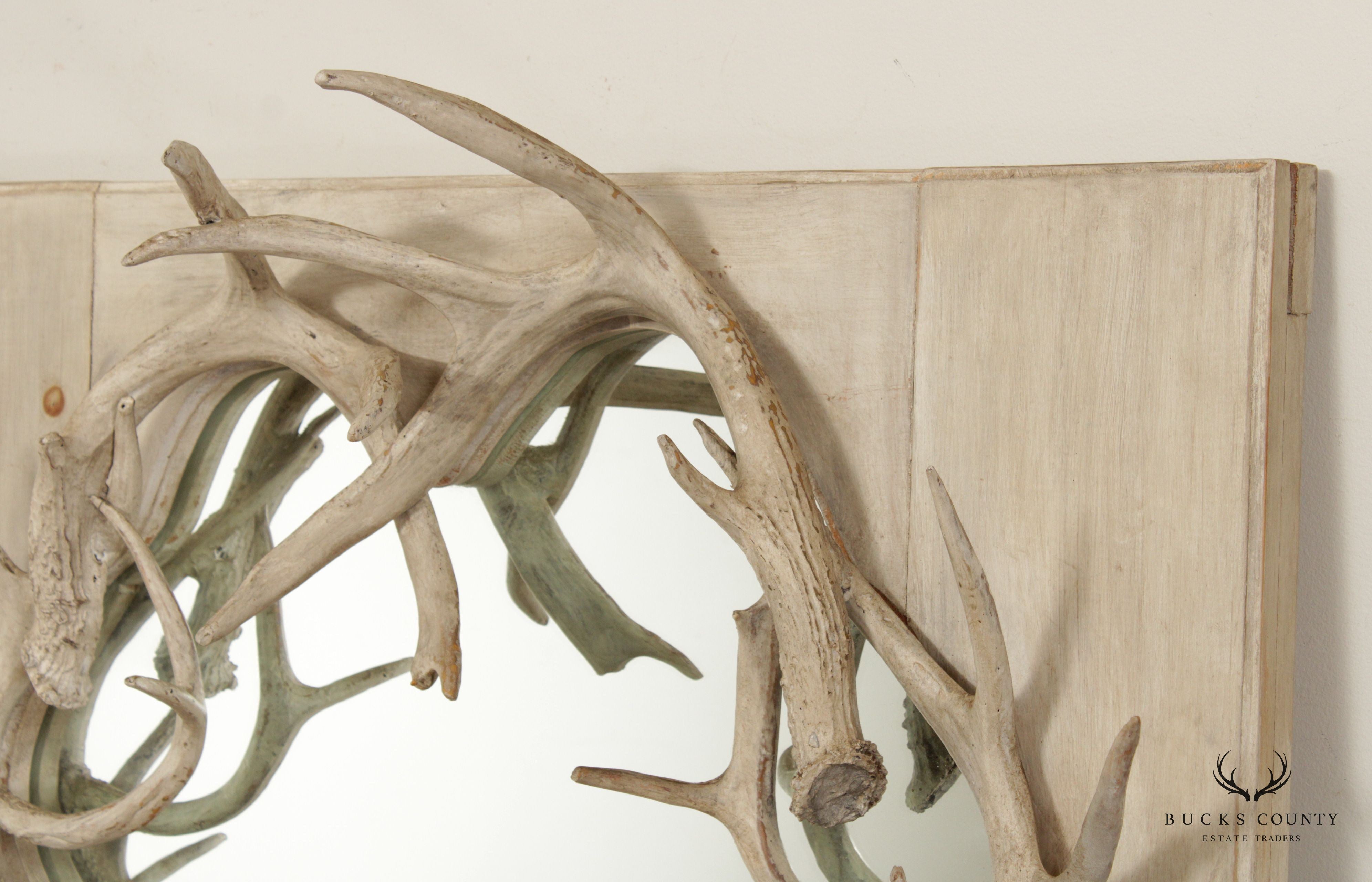 Rustic Painted Pine and Antler Wall Mirror