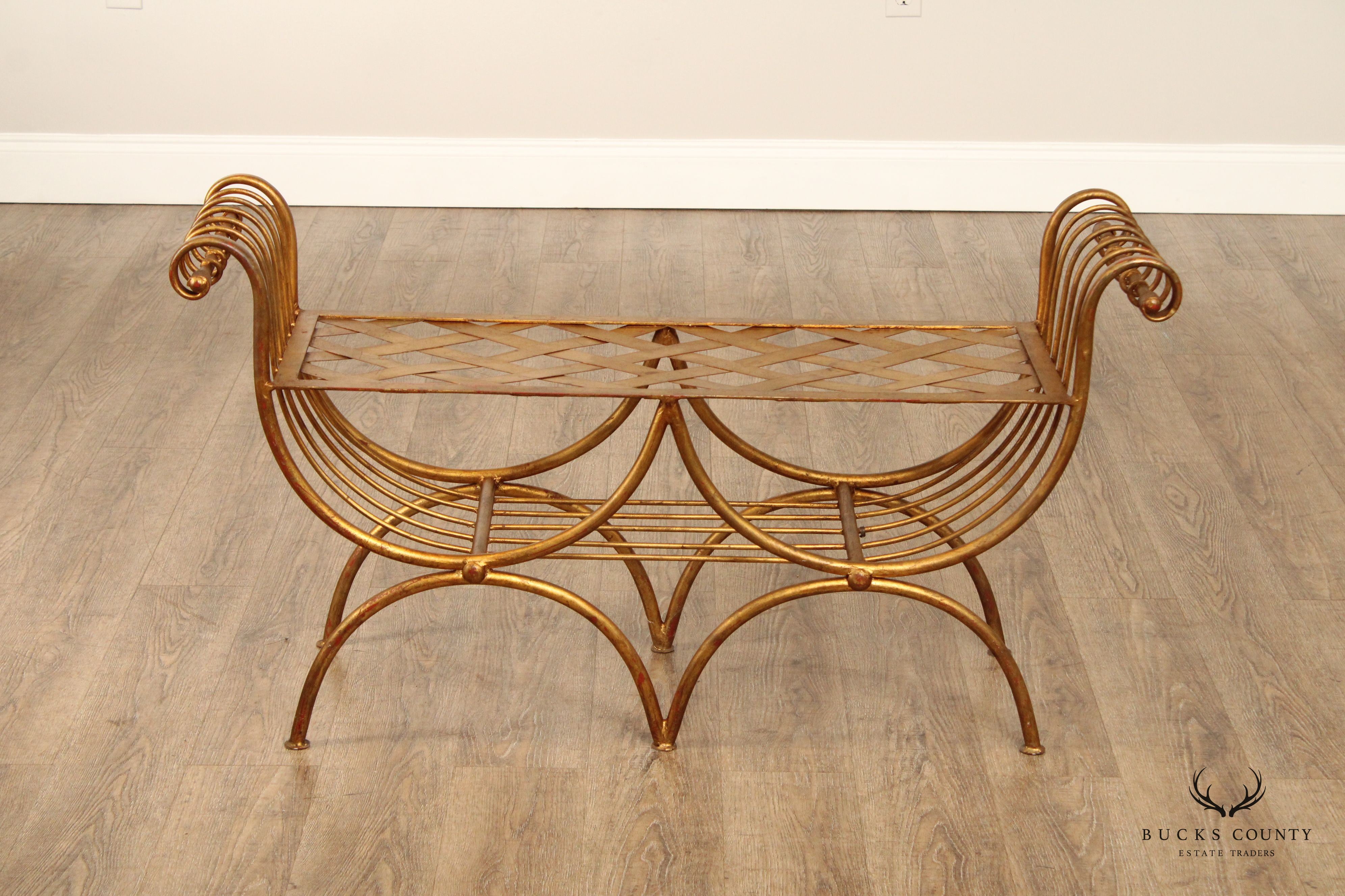 Italian Hollywood Regency Gilt Metal Scroll Arm Bench