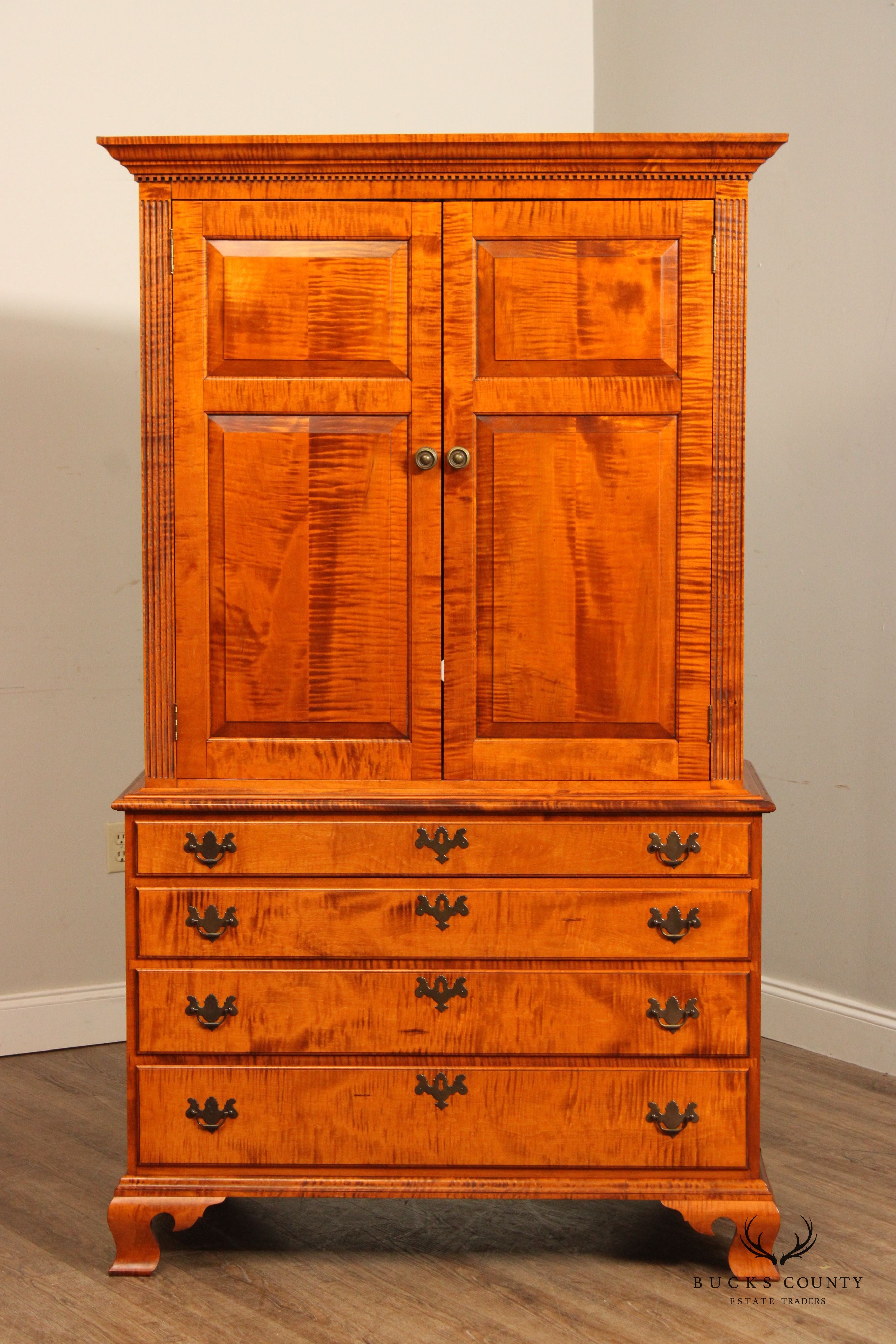 The Federalist Chippendale Style Large Tiger Maple Armoire