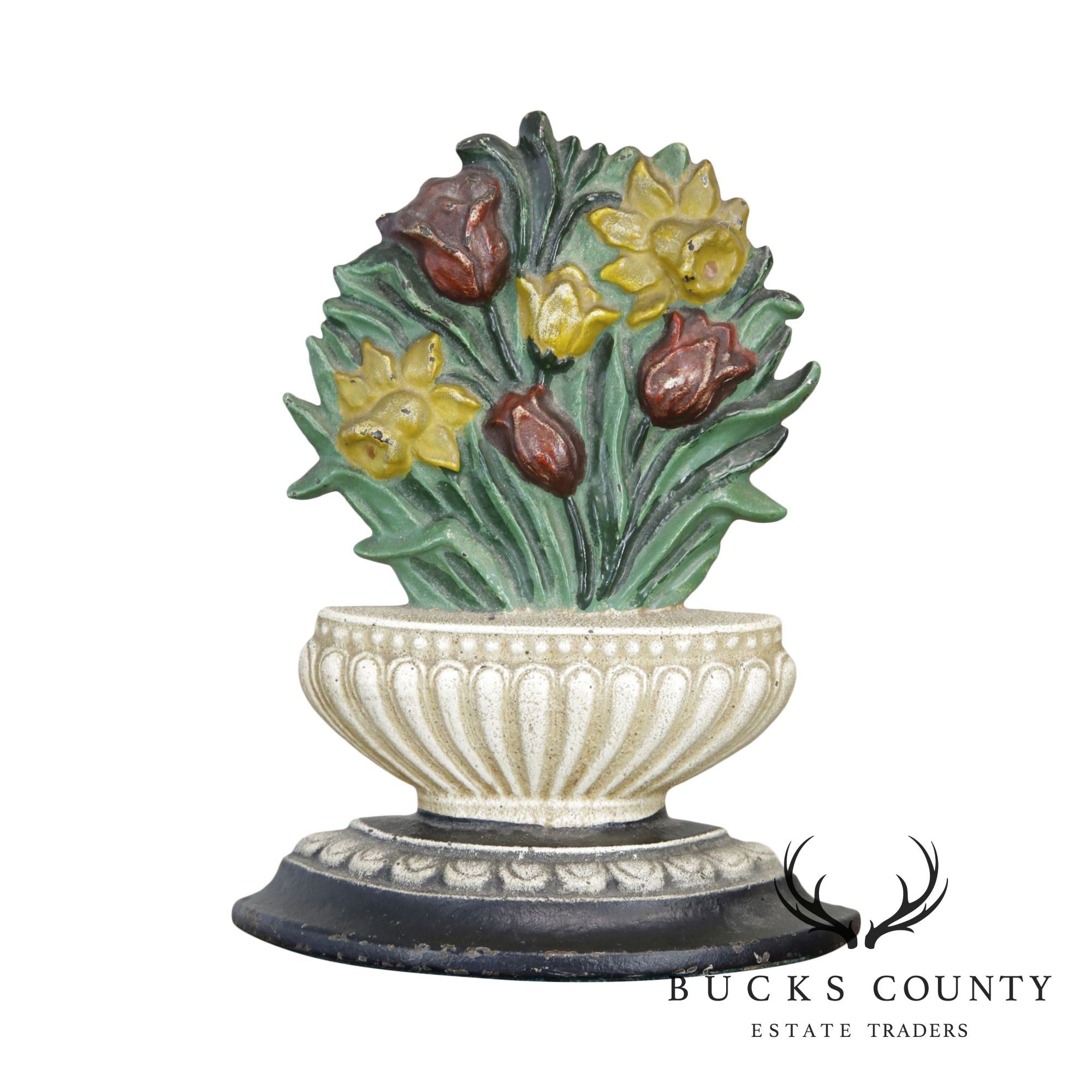 Unusual Flower Basket Cast Iron Door Stop. Tulips & Daffodils