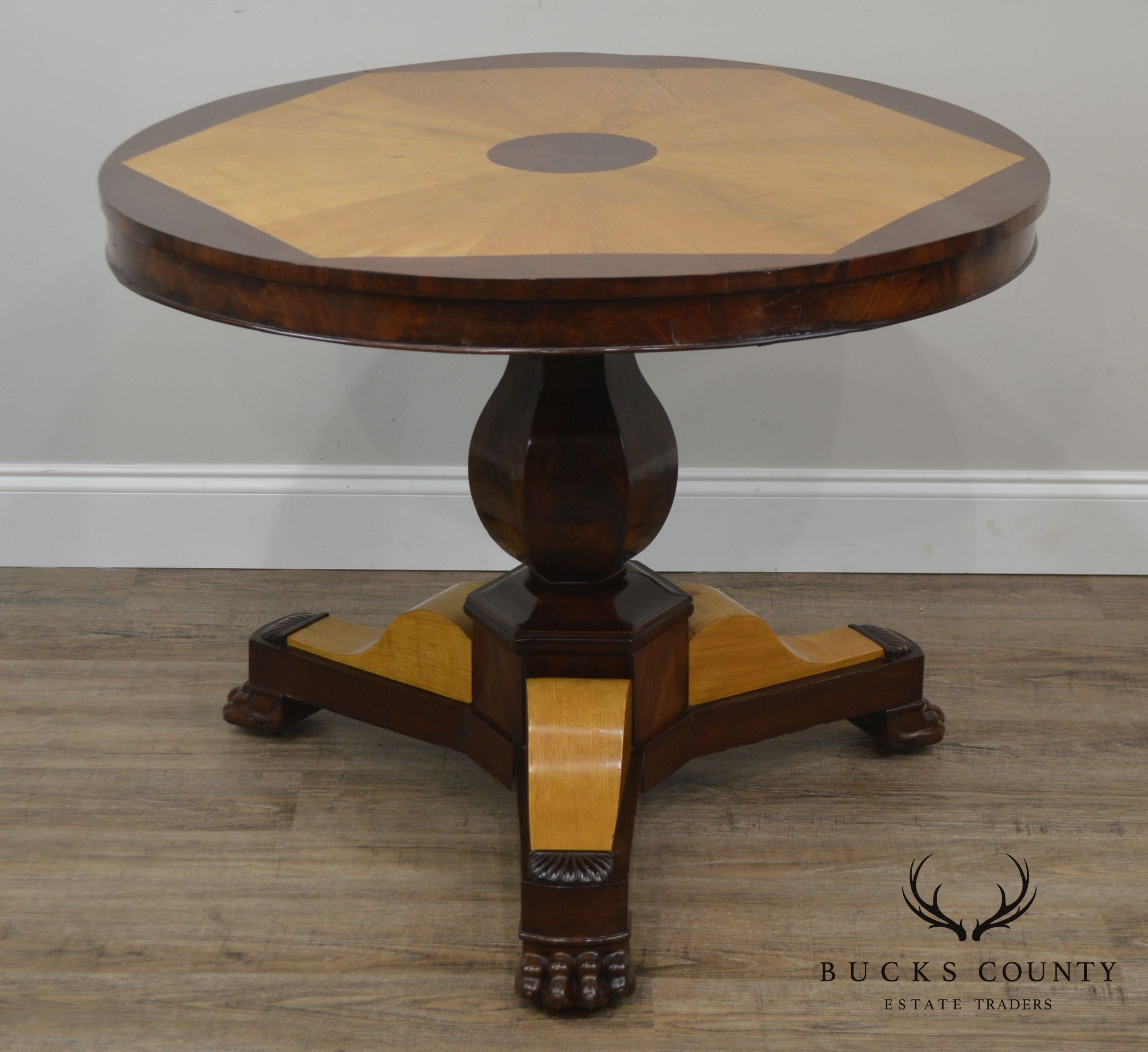 French Charles X Antique Mahogany & Elm Wood 2 Tone Round Center Table