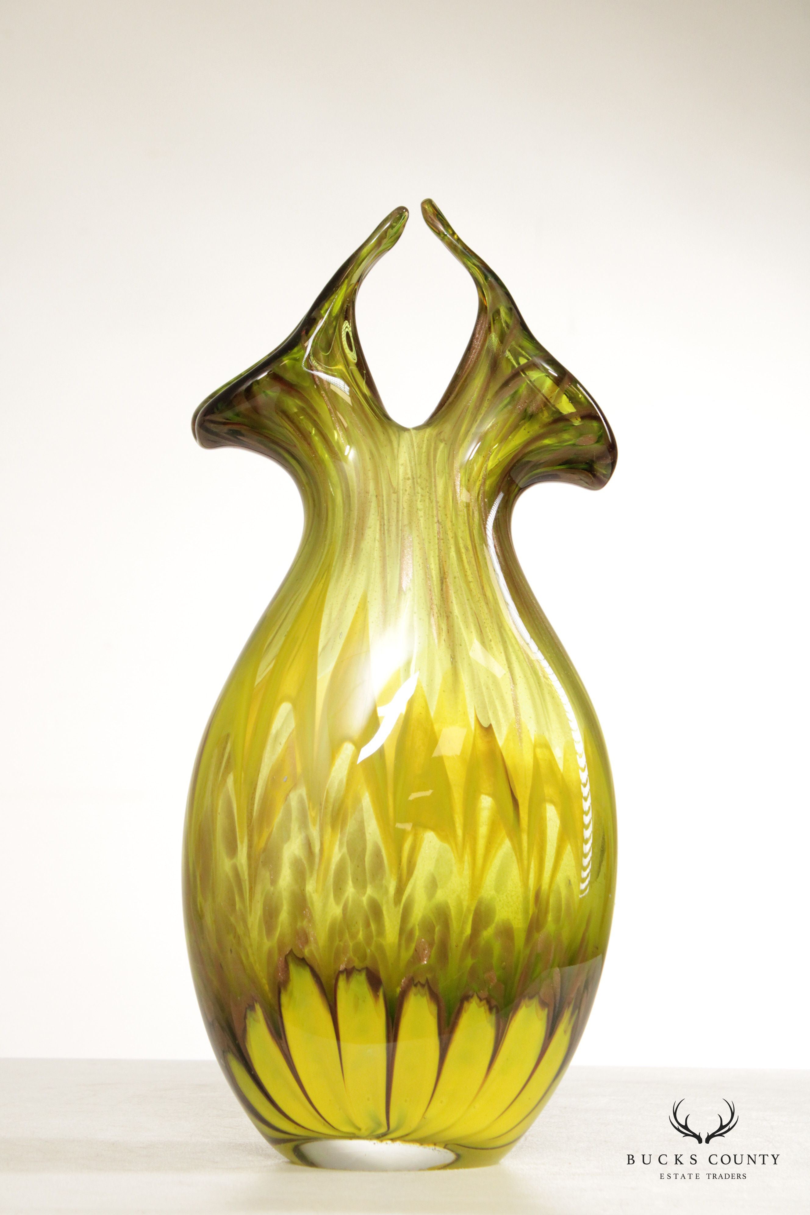 Mid Century Modern Hand Blown Green Art Glass Vase