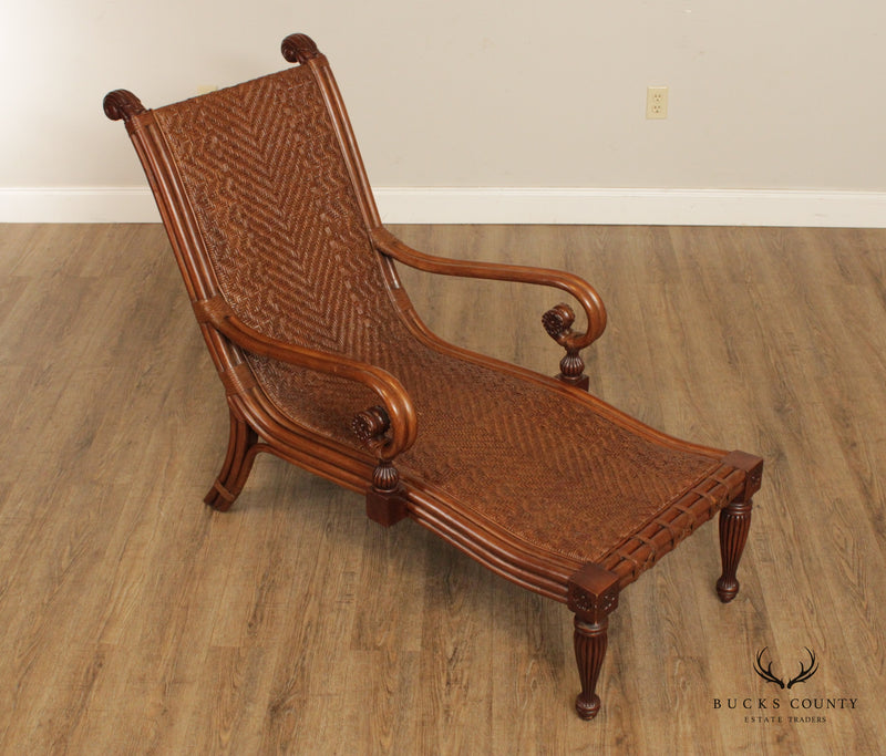 British Colonial Style Pair of Woven Rattan Bentwood Chaise Lounge Chairs