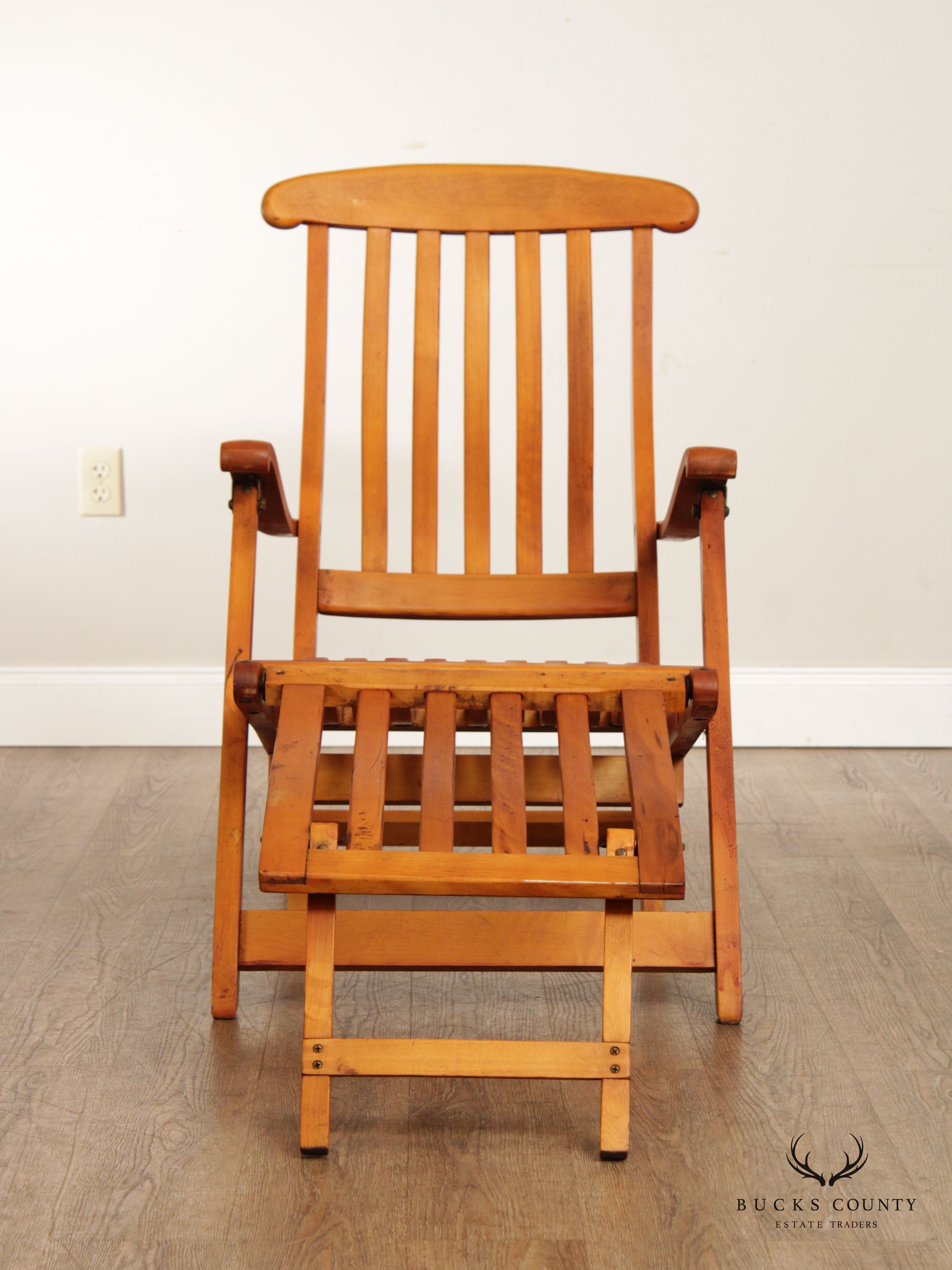 Antique Campaign Style Pair of Maple and Brass Folding Cruise Ship Steamer Lounge Chairs