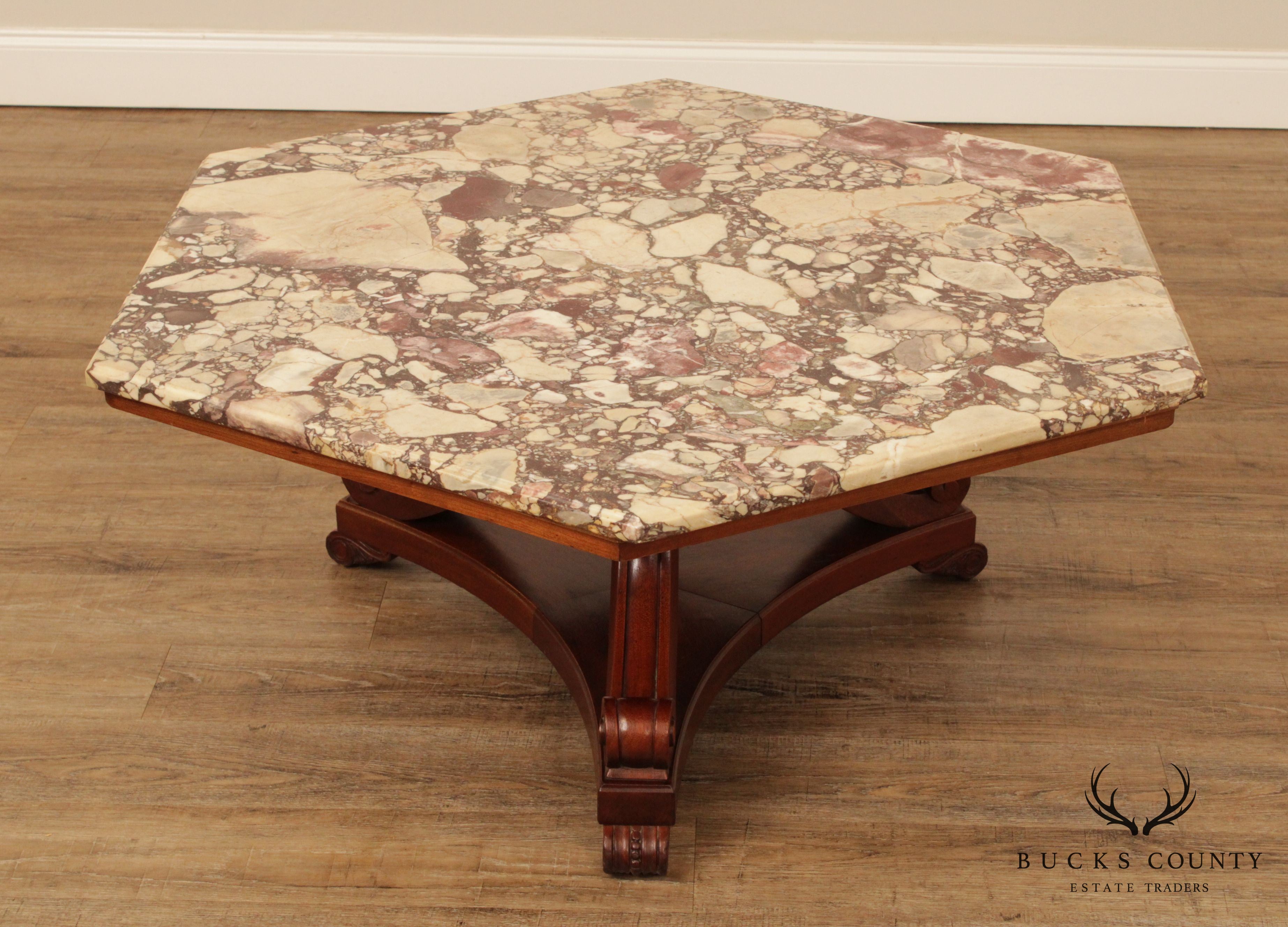 Empire Revival Vintage Mahogany Hexagon Marble Top Coffee Table