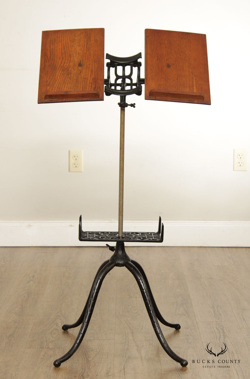 Antique Victorian Cast Iron and Oak Book or Music Stand