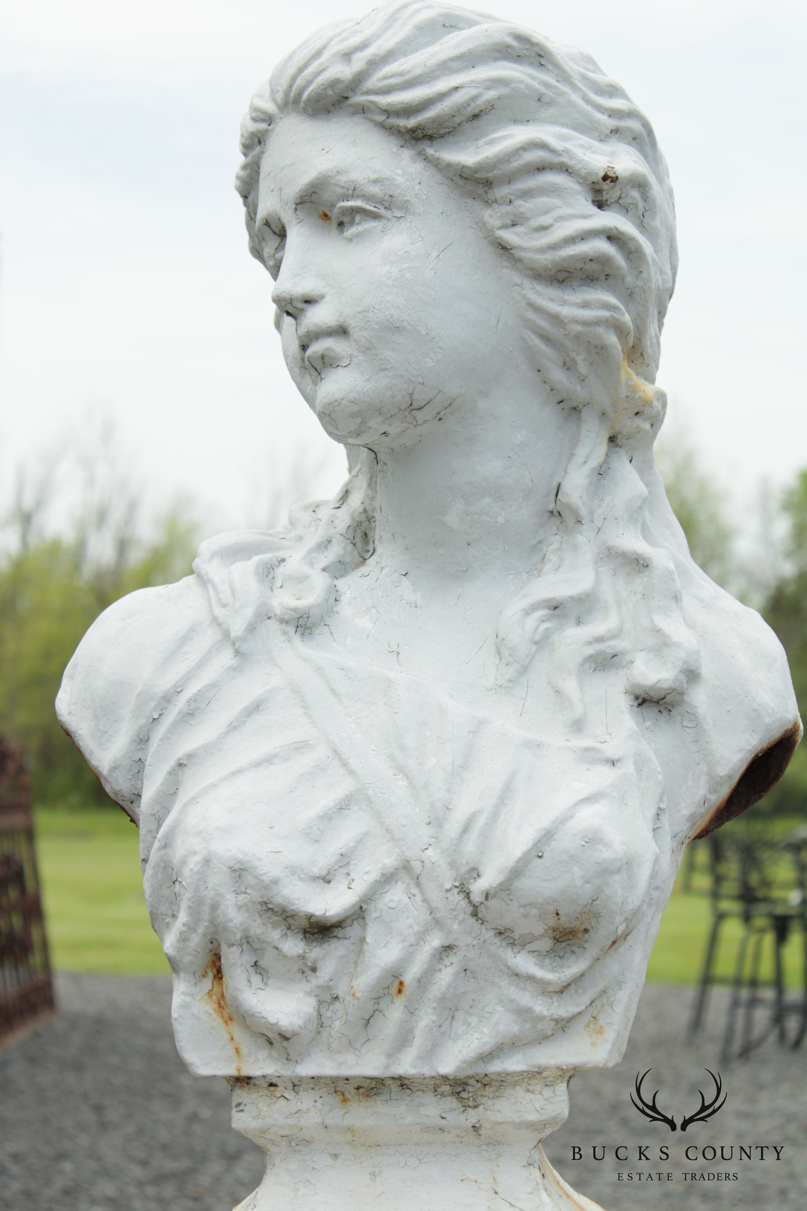 Vintage Cast Iron Bust Garden Statue On Pedestal