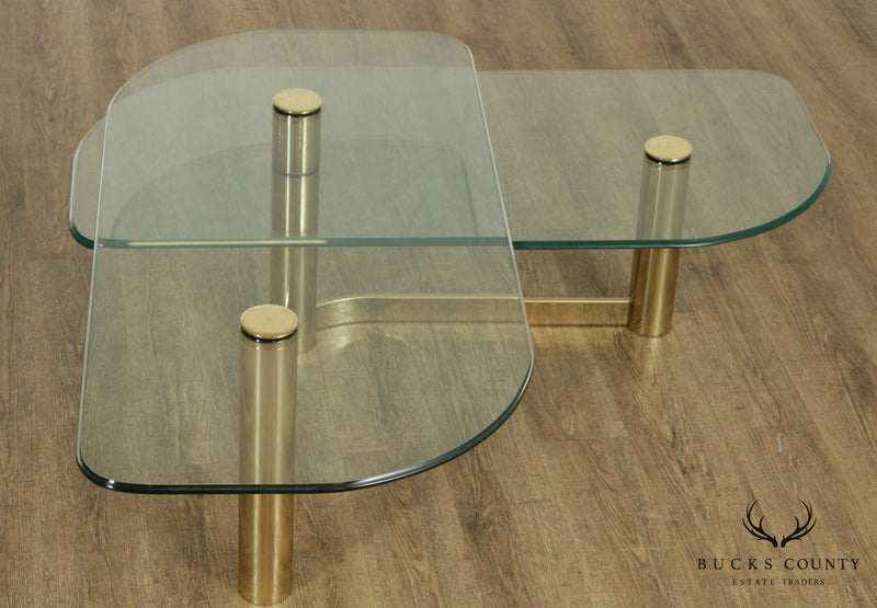 Postmodern 1970's Vintage Brass & Glass 2 Tier L Shape Coffee Table