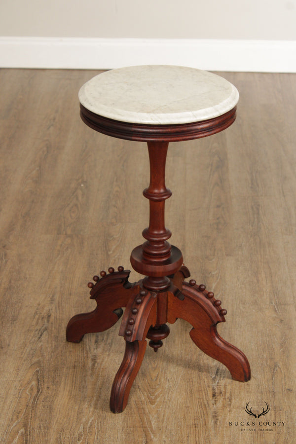 Antique Victorian Walnut Round Marble Top Pedestal Plant Stand