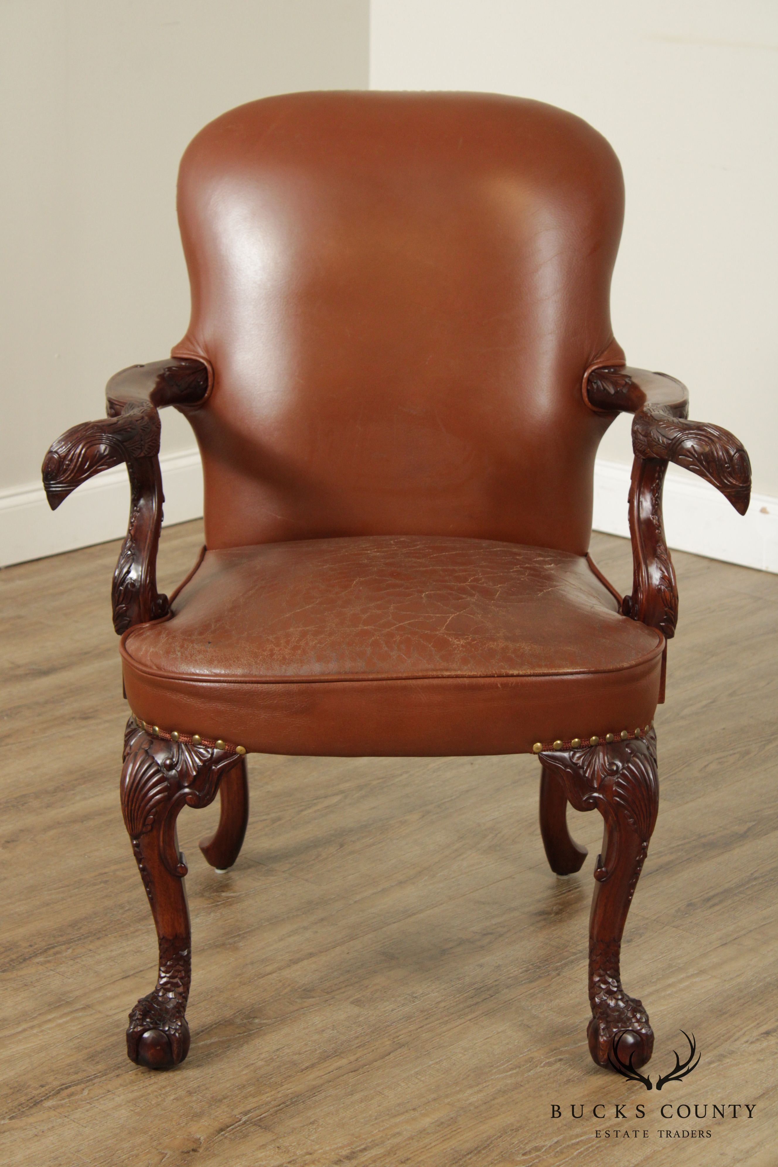 Georgian Chippendale Style Mahogany Eagle Carved Leather Armchair