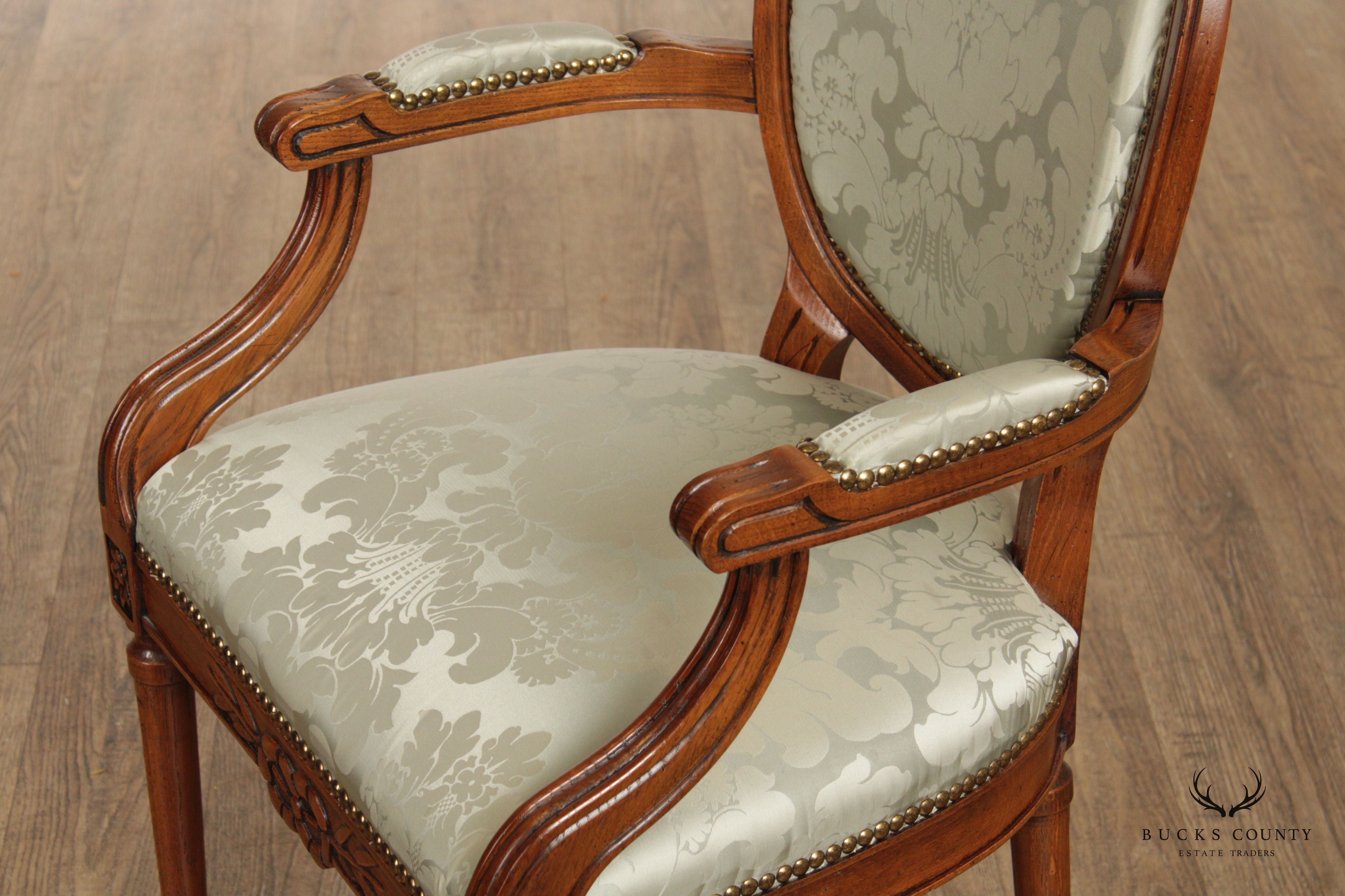 French Louis XVI Style Set of Six Carved Walnut Oval Back Dining Chairs