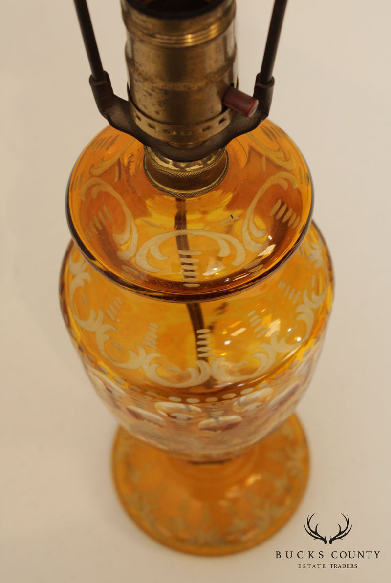 Vintage Bohemian Amber Cut to Clear Glass Table Lamp