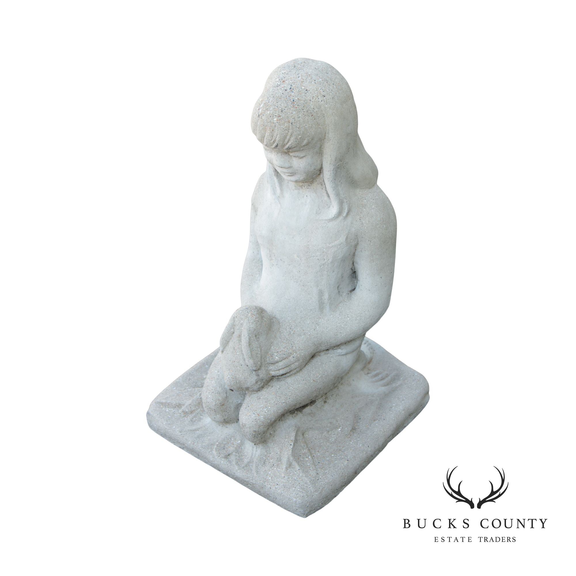 Vintage Cast Stone Child Holding Bunny Garden Sculpture