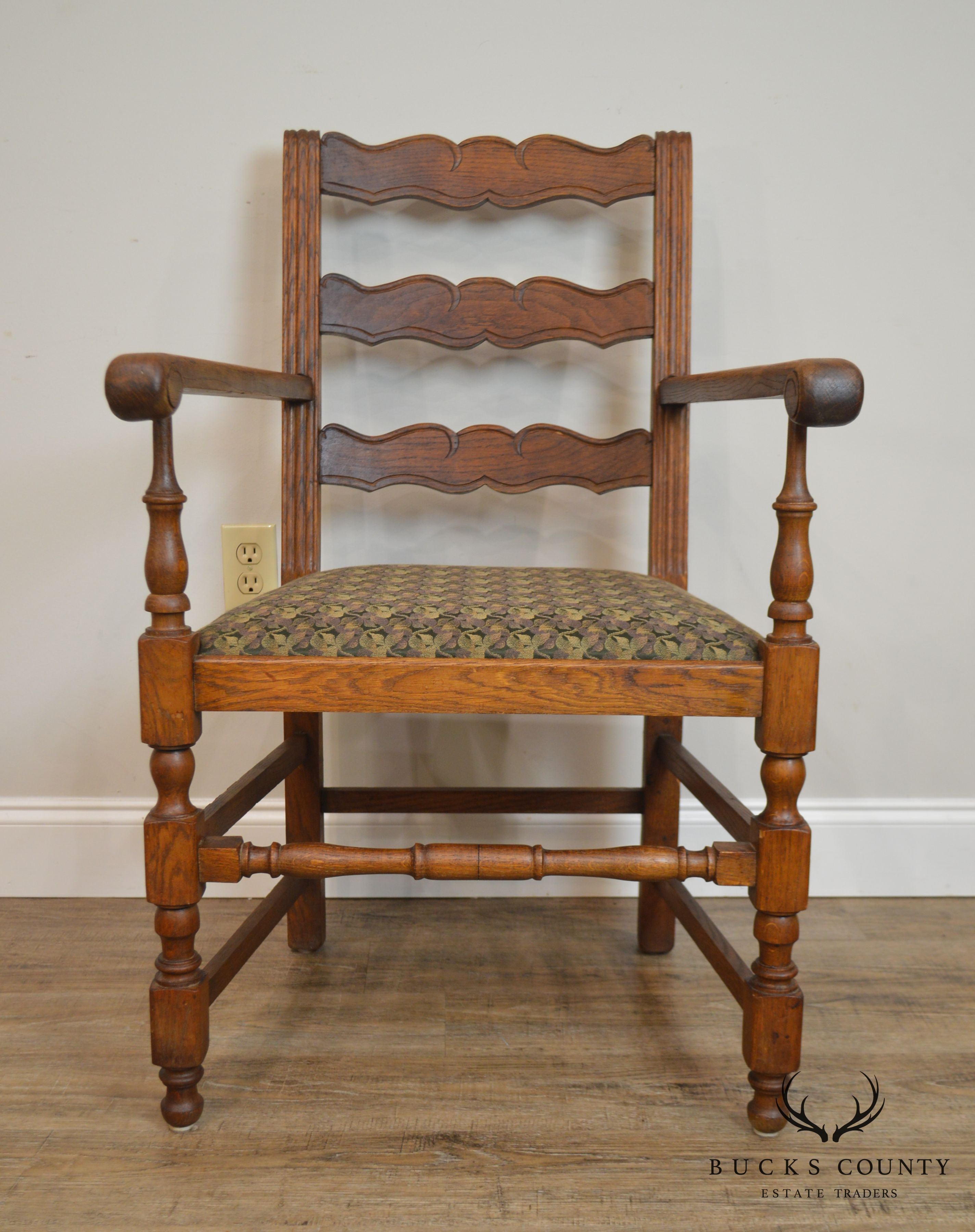 French Country Style Antique Pair Oak Ladder Back Armchairs