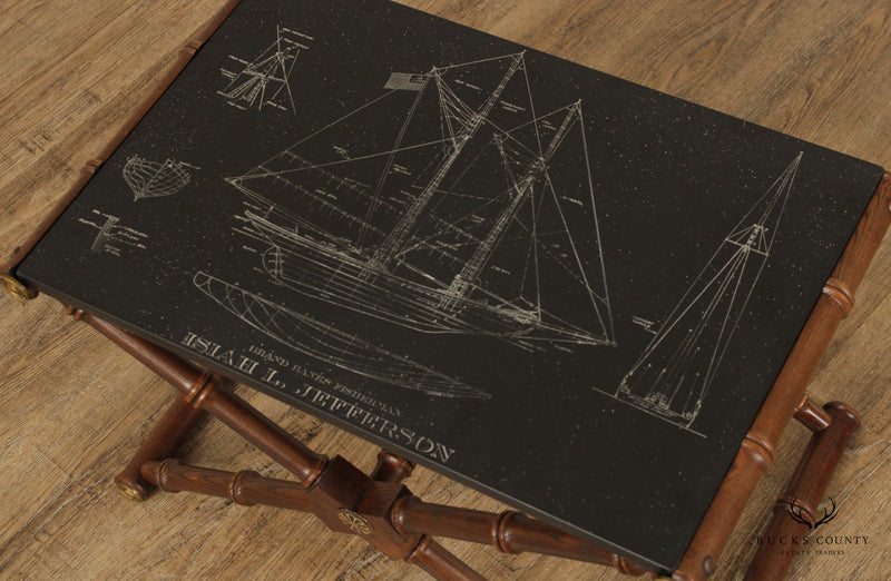 Vintage Nautical Campaign Style Blueprint Slate and Faux Bamboo Coffee Table
