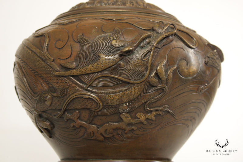 Antique Chinese Bronze Dragon Table Lamp with Shade