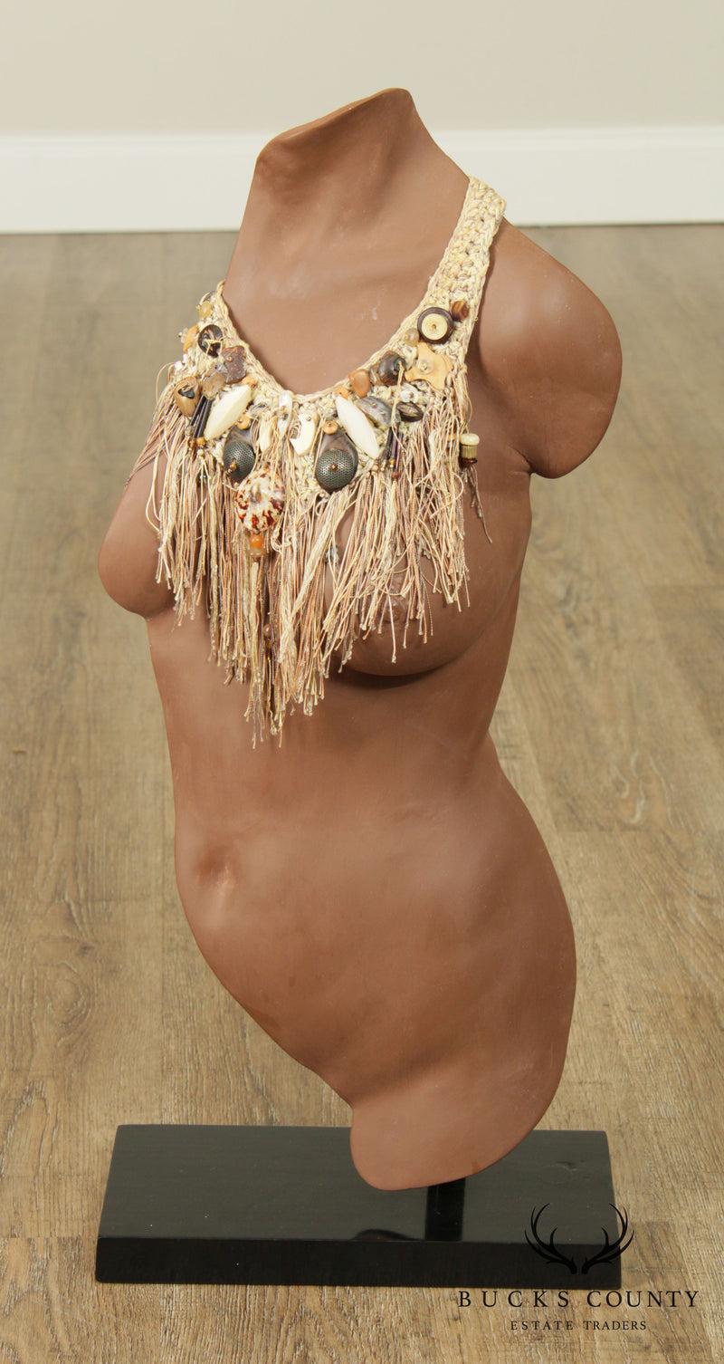 Handmade Terracotta Nude Female Torso with Removable Ornamented Macramé Necklace