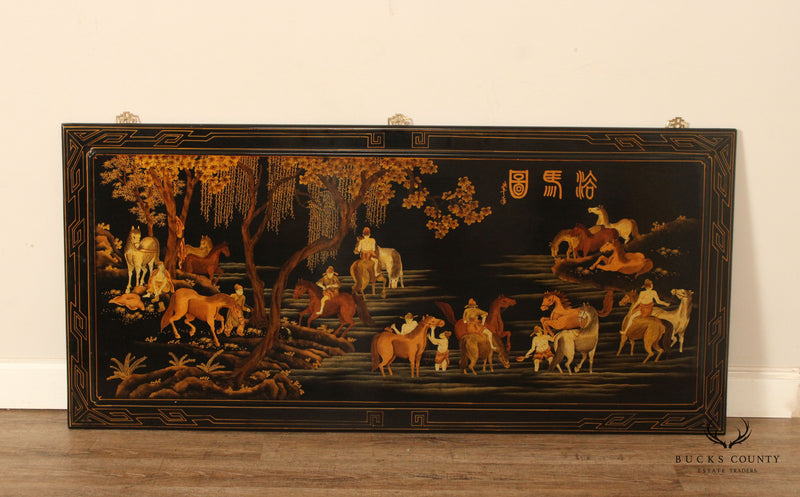 Chinese Equestrian Scene Lacquer Wall Plaque