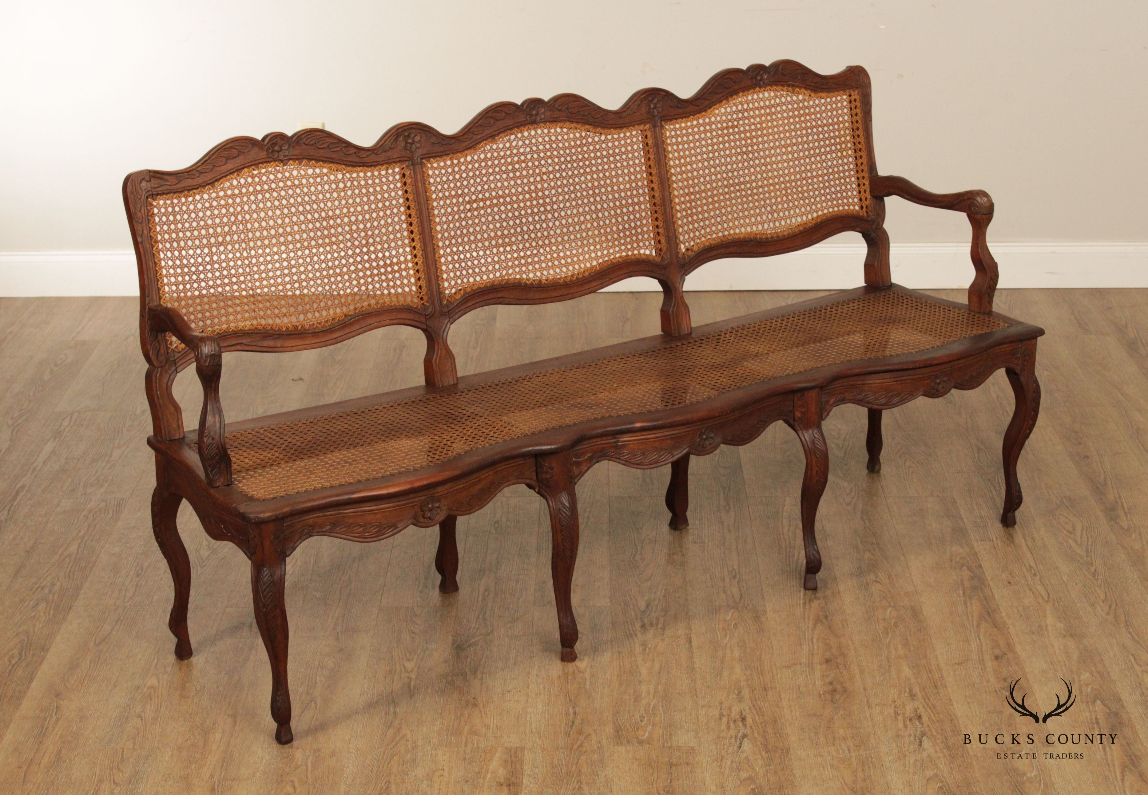 French Louis XV Style Antique Carved and Caned Three-Seat Settee Bench