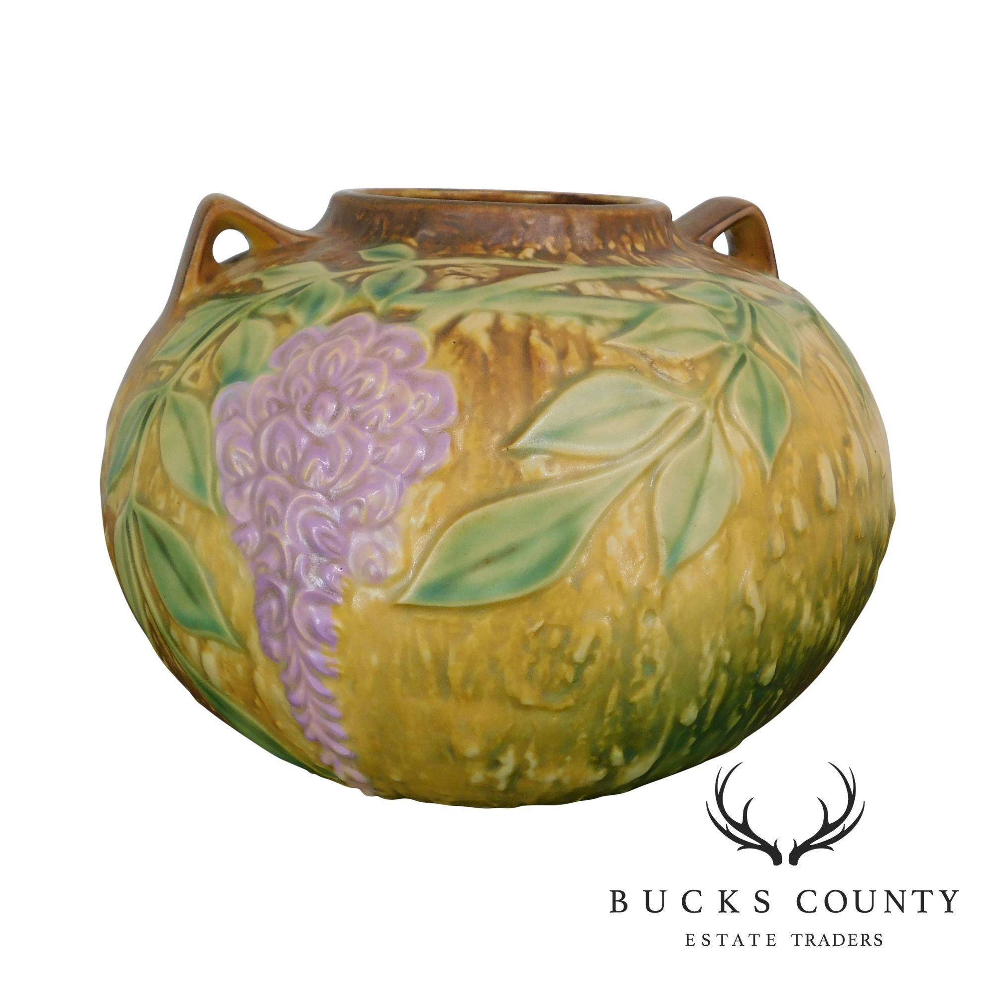 Roseville "Wisteria" Double-Handled Bulbous Vase in Tan