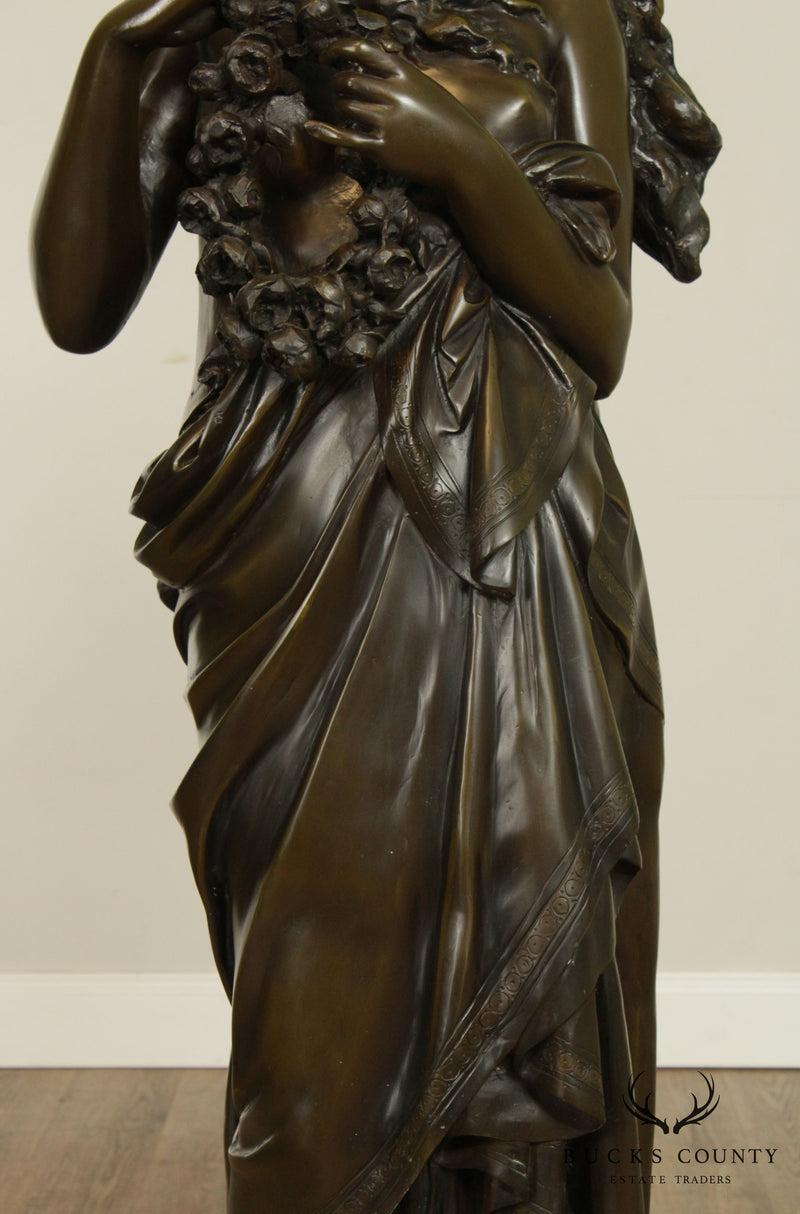 Large Bronze Garden Statue of Maiden with Flowers