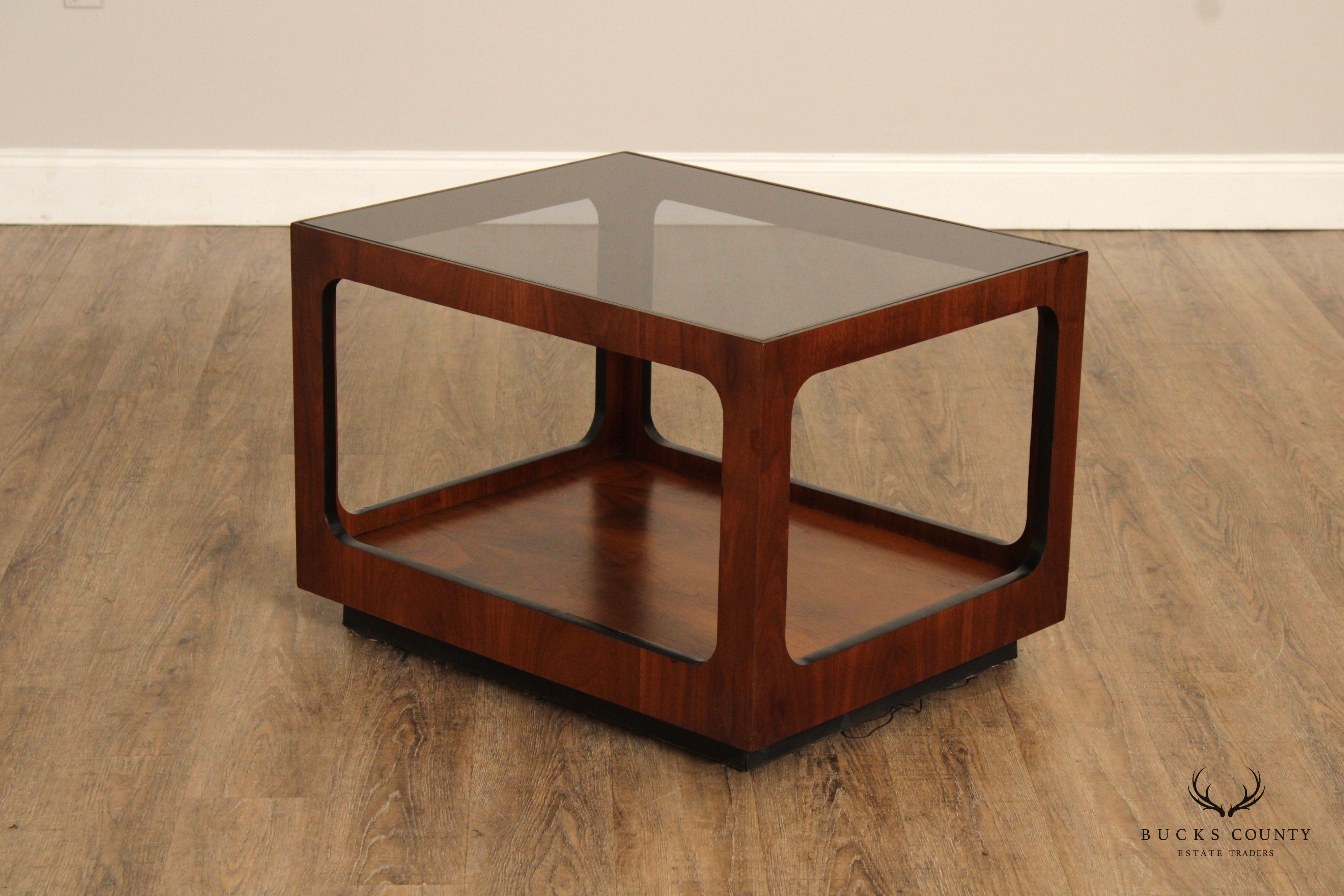 Lane Mid Century Modern Walnut And Smoked Glass Coffee Table