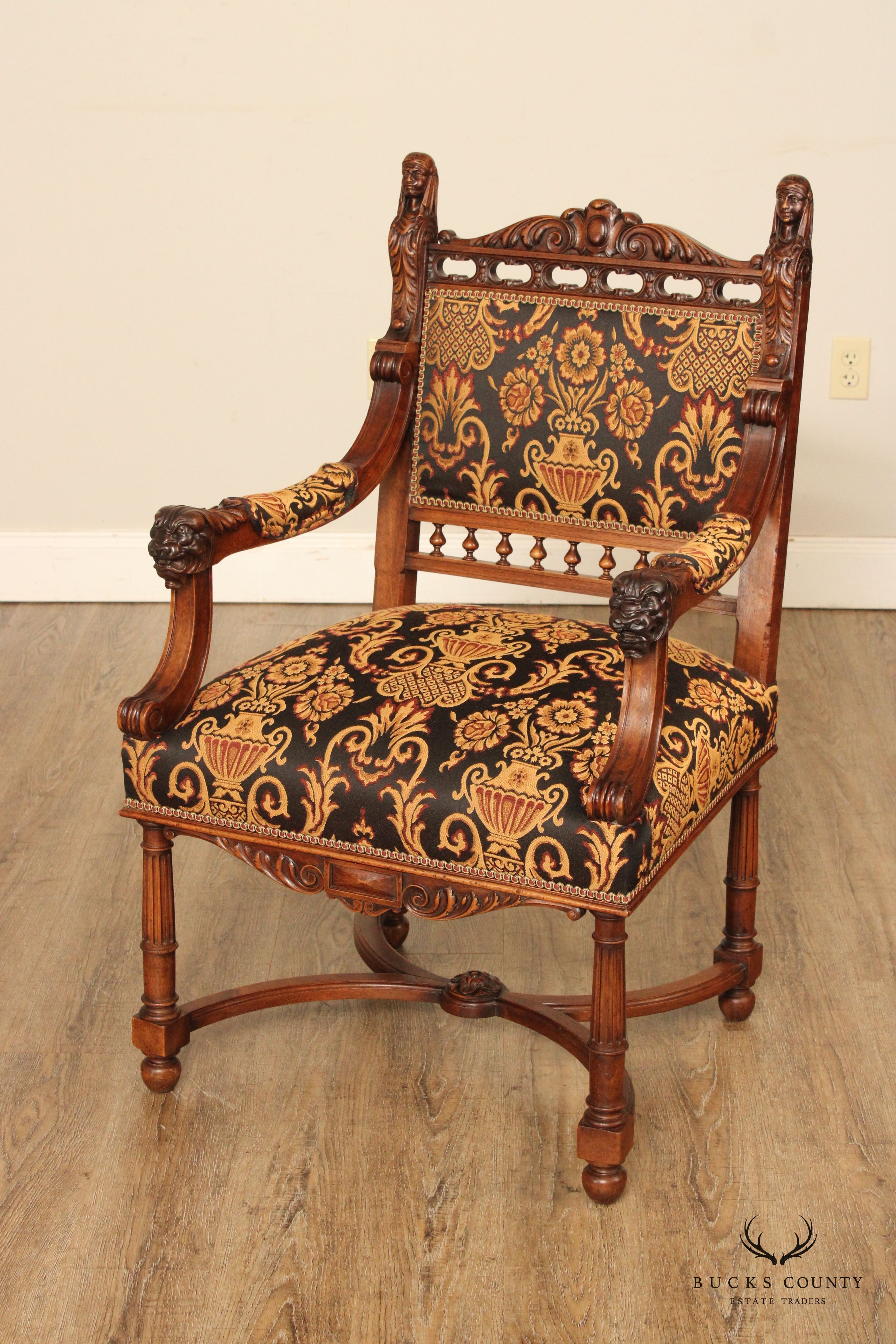 Antique French Renaissance Revival Style Carved Walnut Throne Armchair