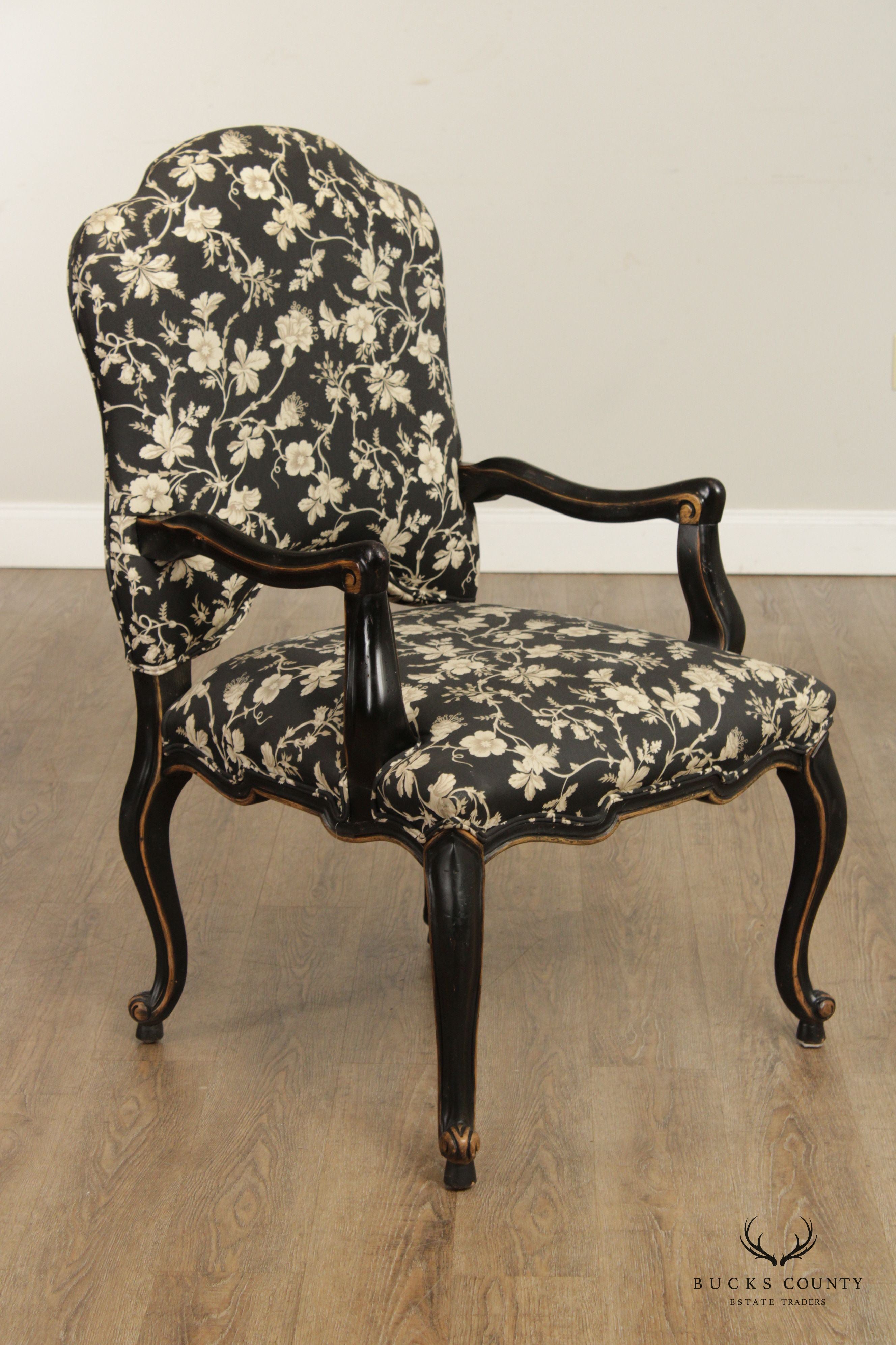 Italian Louis XV Style Vintage Pair of Ebonized Armchairs