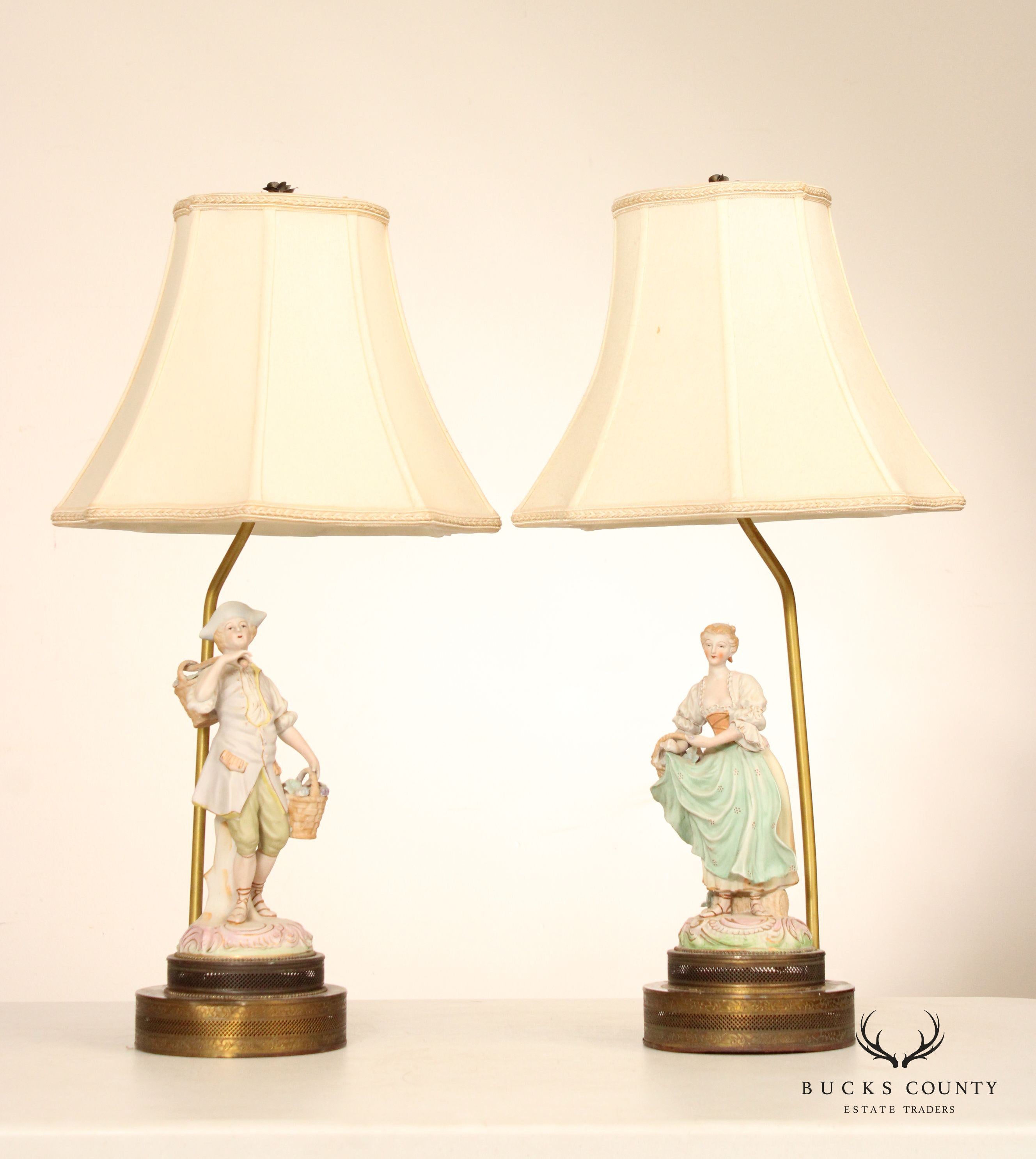 Vintage Rococo Style Pair Porcelain Figurine Table Lamps