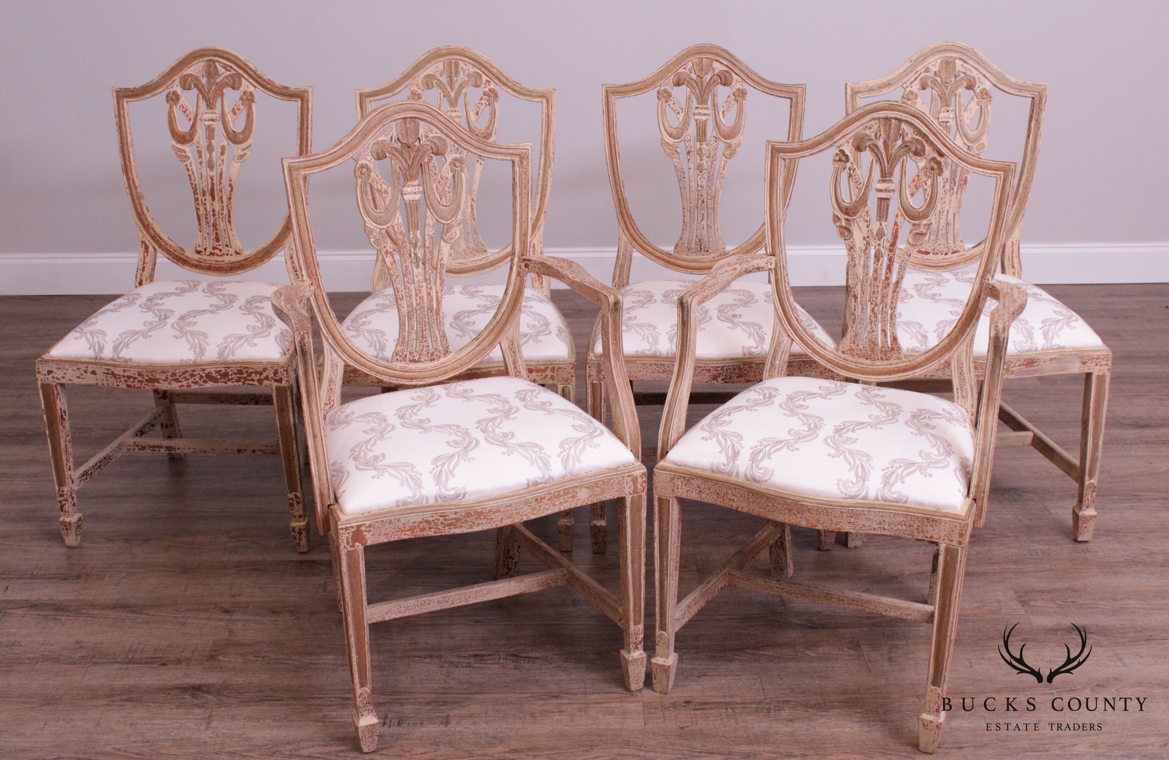 Hepplewhite Style Set 6 Crackle Painted Dining Chairs