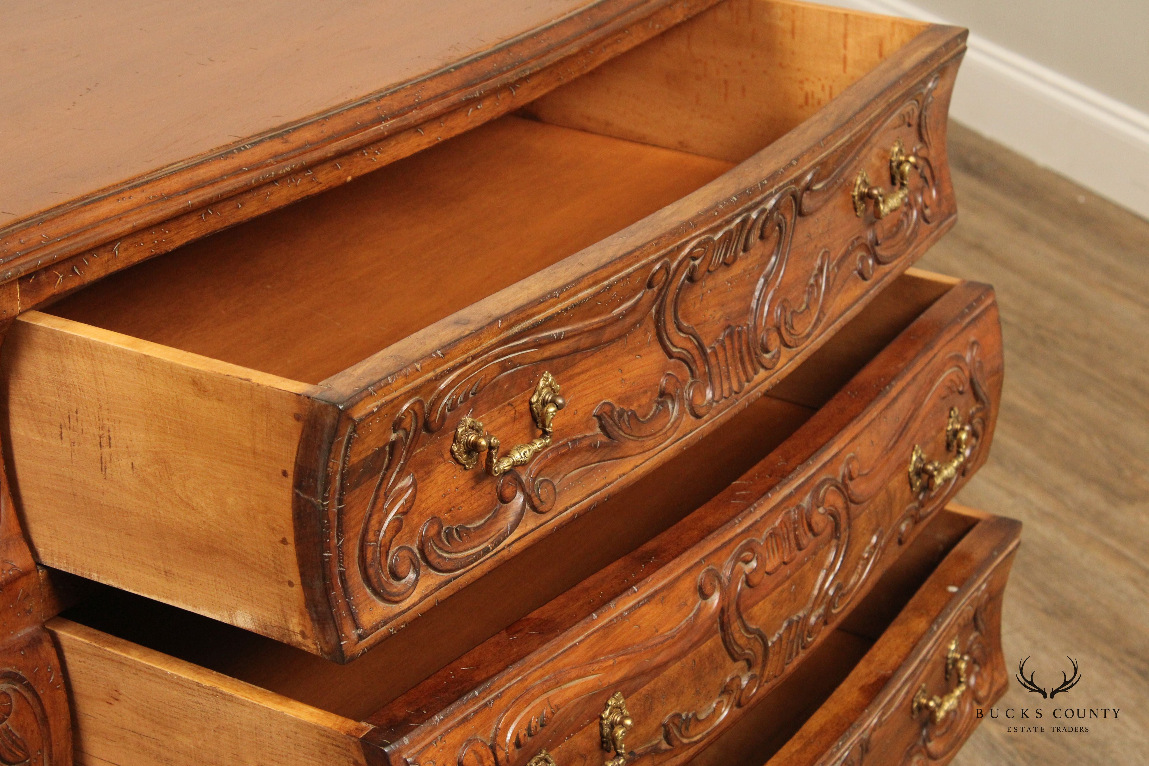 Italian Rococo Carved Walnut Vintage Bombe Chest of Drawers