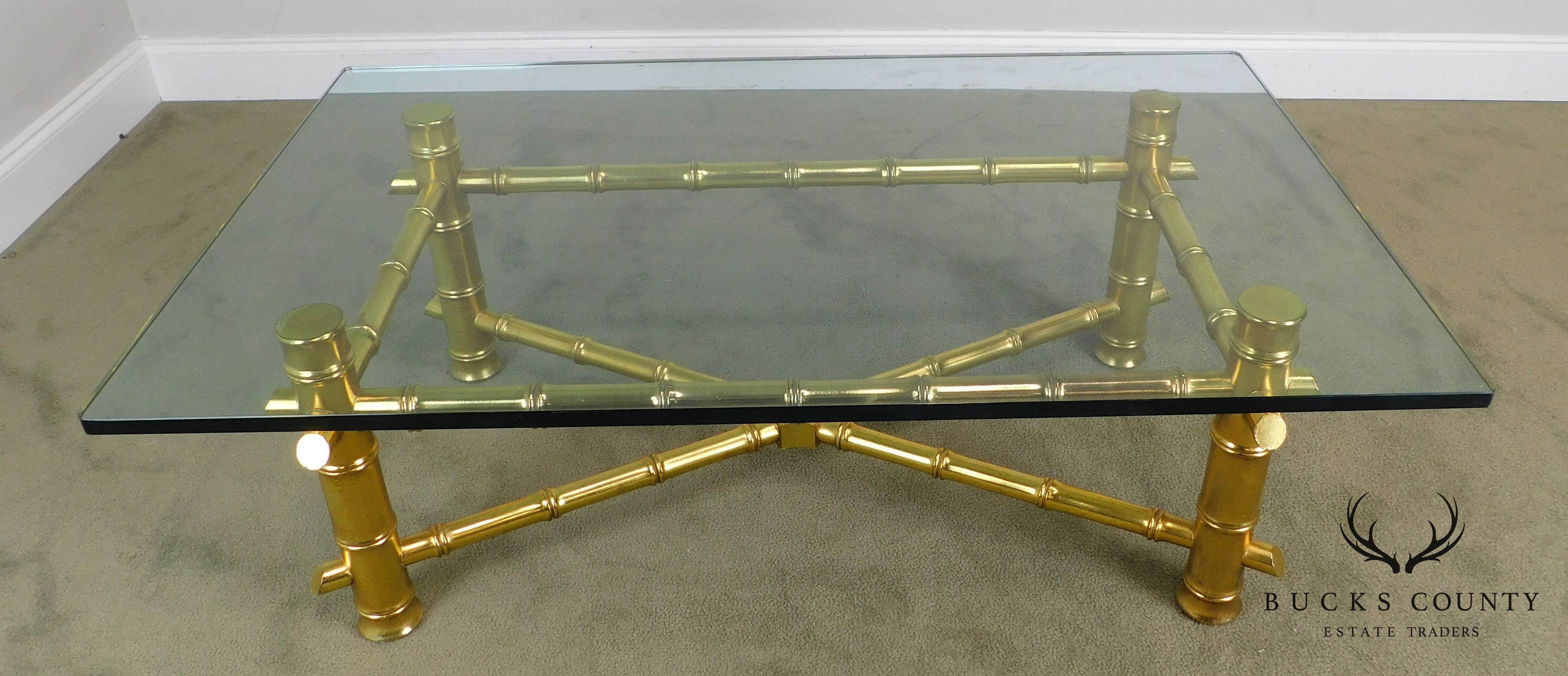 Hollywood Regency Faux Bamboo Gold Gilt Wood Glass Top Coffee Table