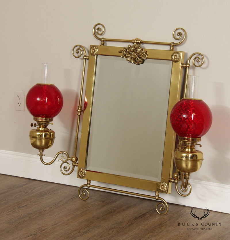 Victorian Brass Oil Lamp Candelabra Wall Mirror