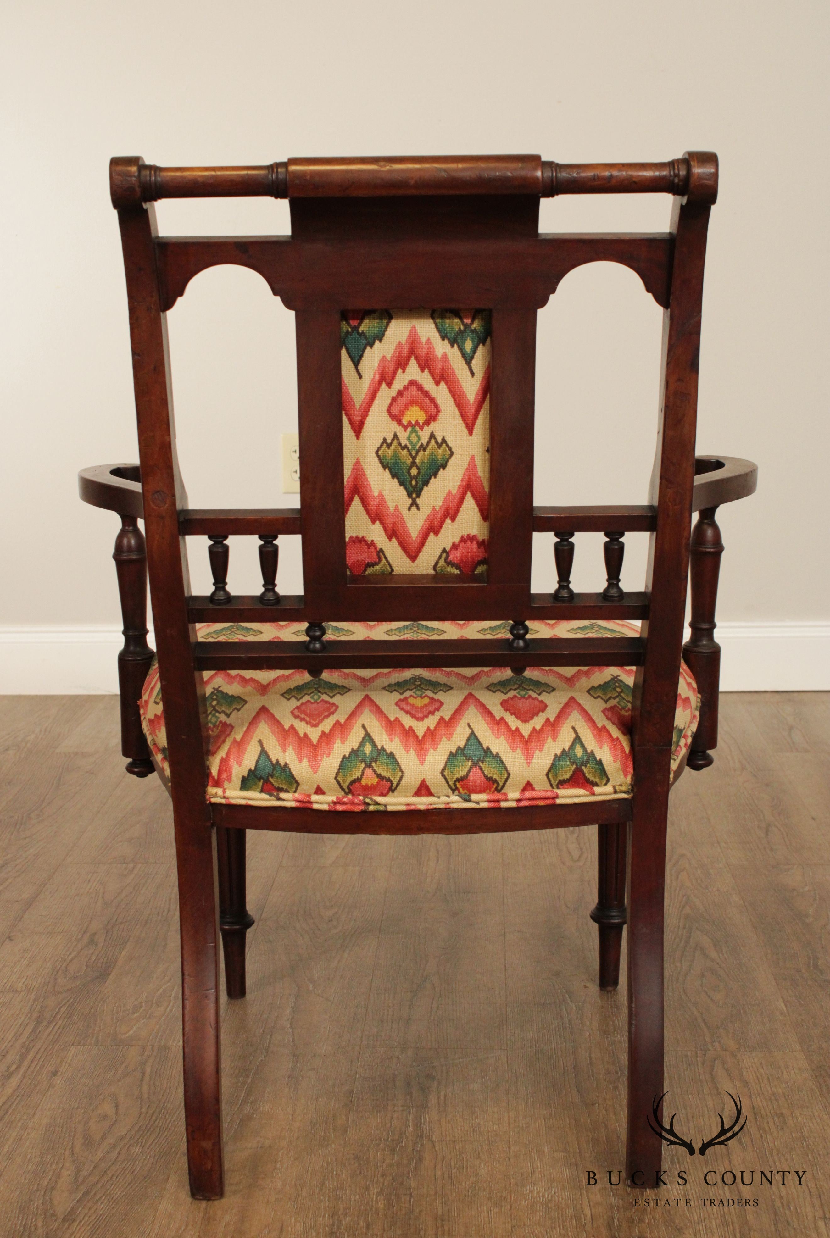 Antique Eglantine Marquetry Inlaid Pair Walnut Armchairs