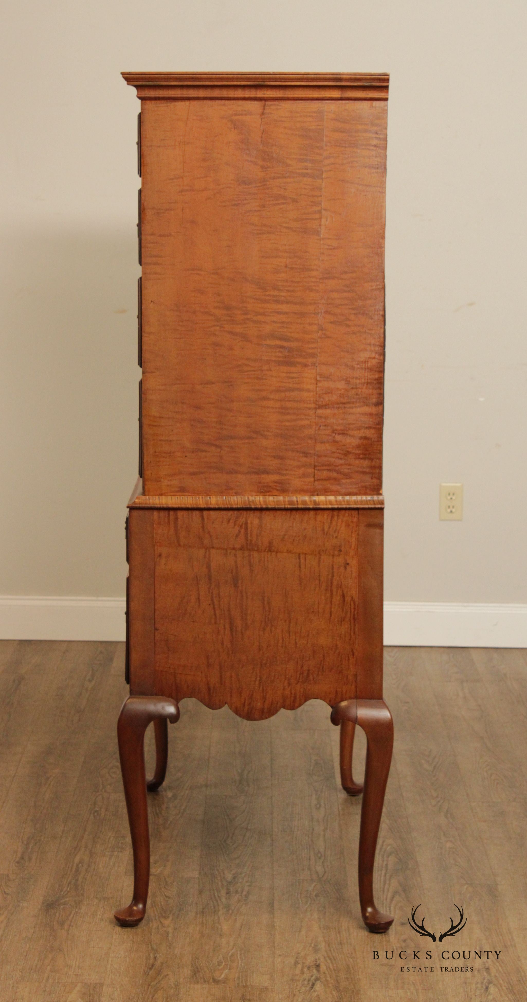 Antique New England Queen Anne Tiger Maple Highboy