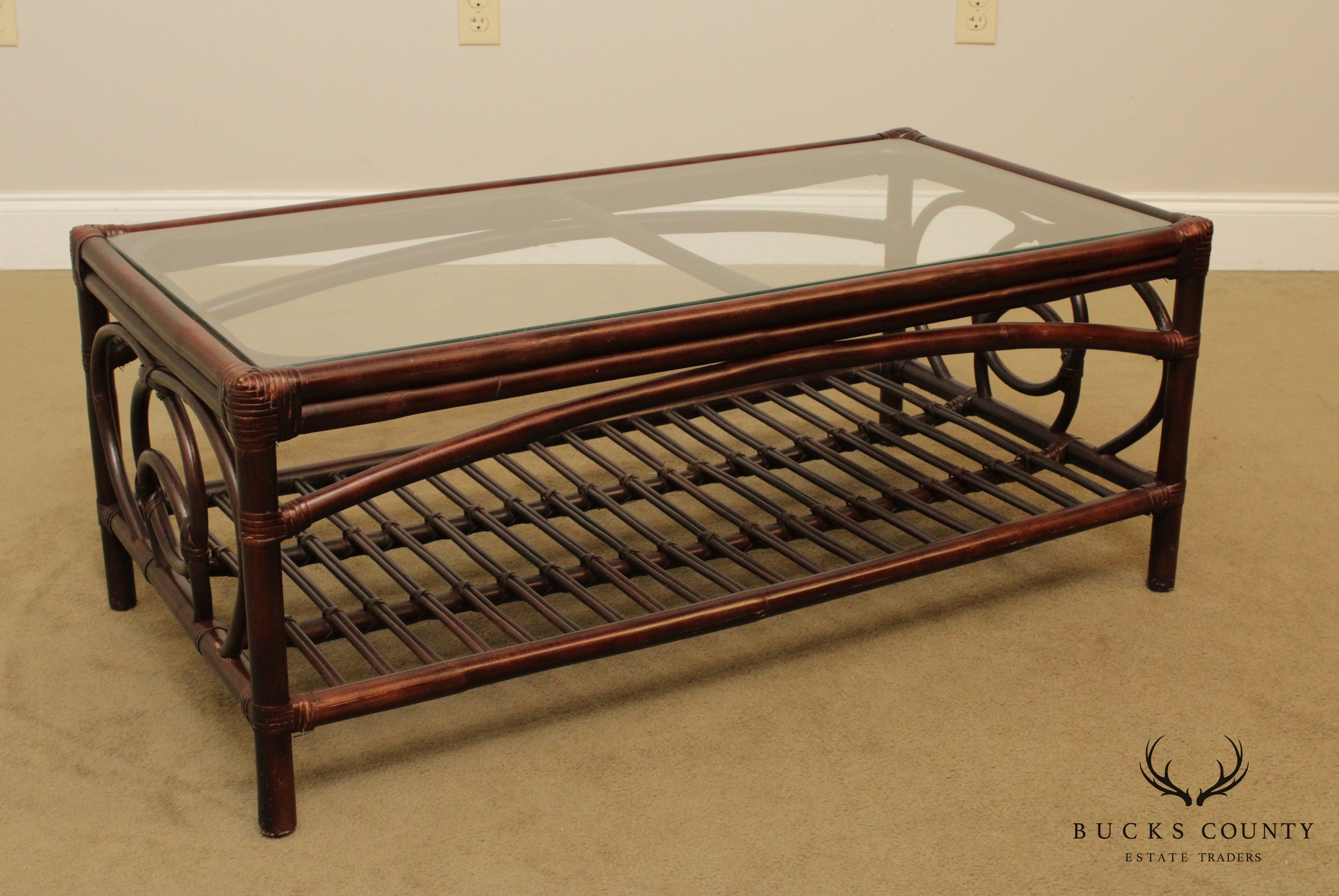 Braxton Culler Dark Rattan Glass Top Coffee Table