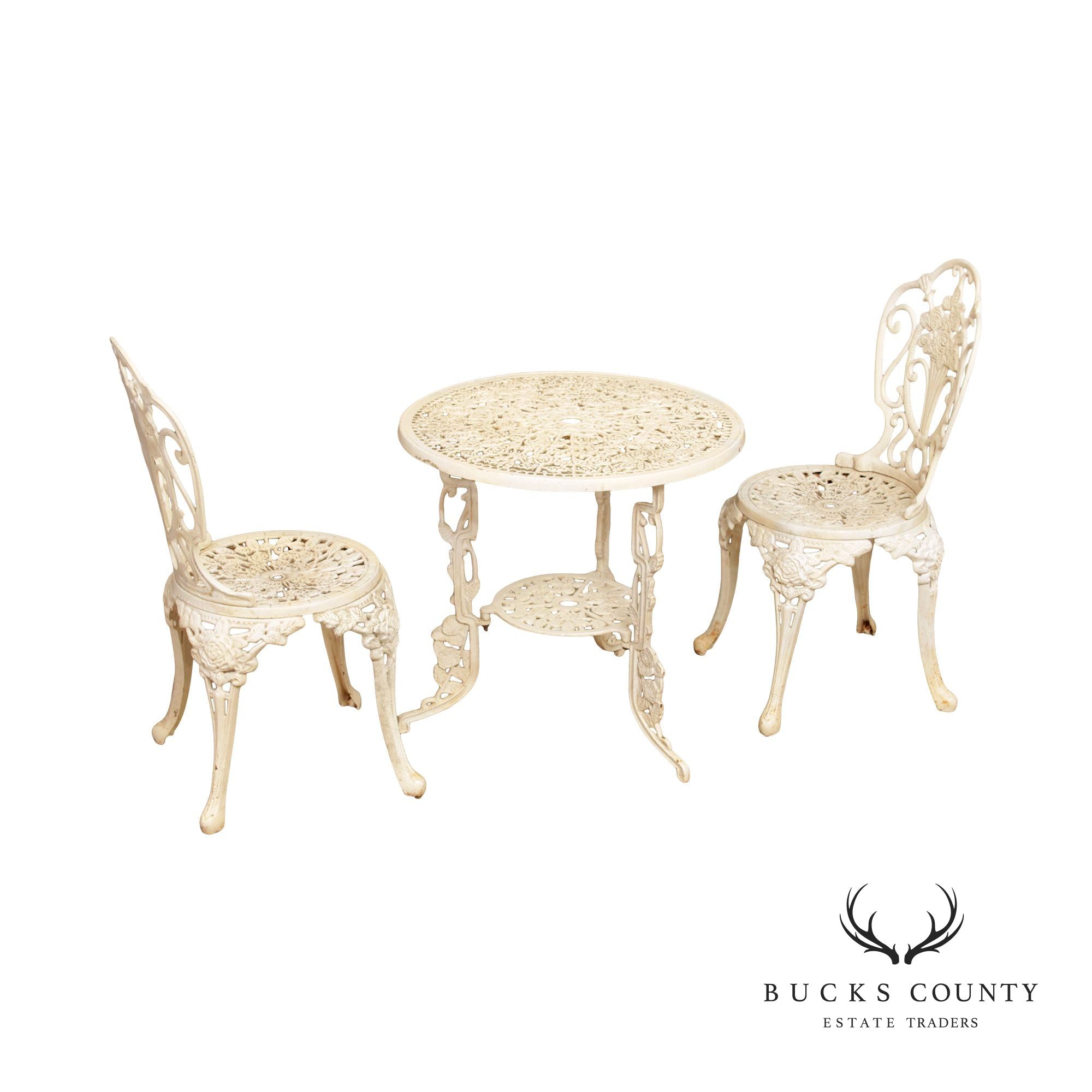 Victorian Style Vintage Cast Iron Three Piece Garden Table and Chairs Set