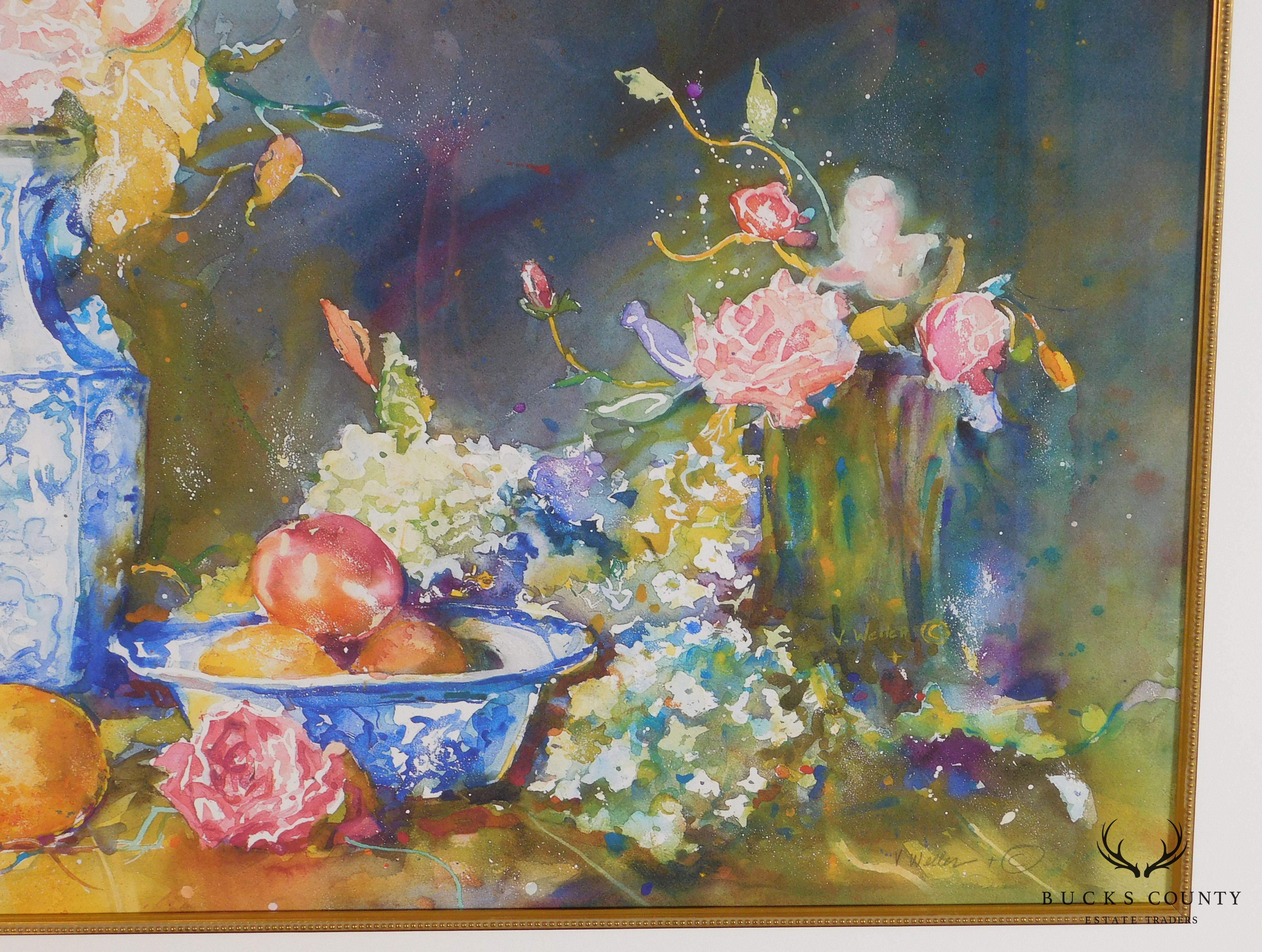 V. Weller Print 21/300 of Watercolor Fruit & Floral Still Life with Blue & White China