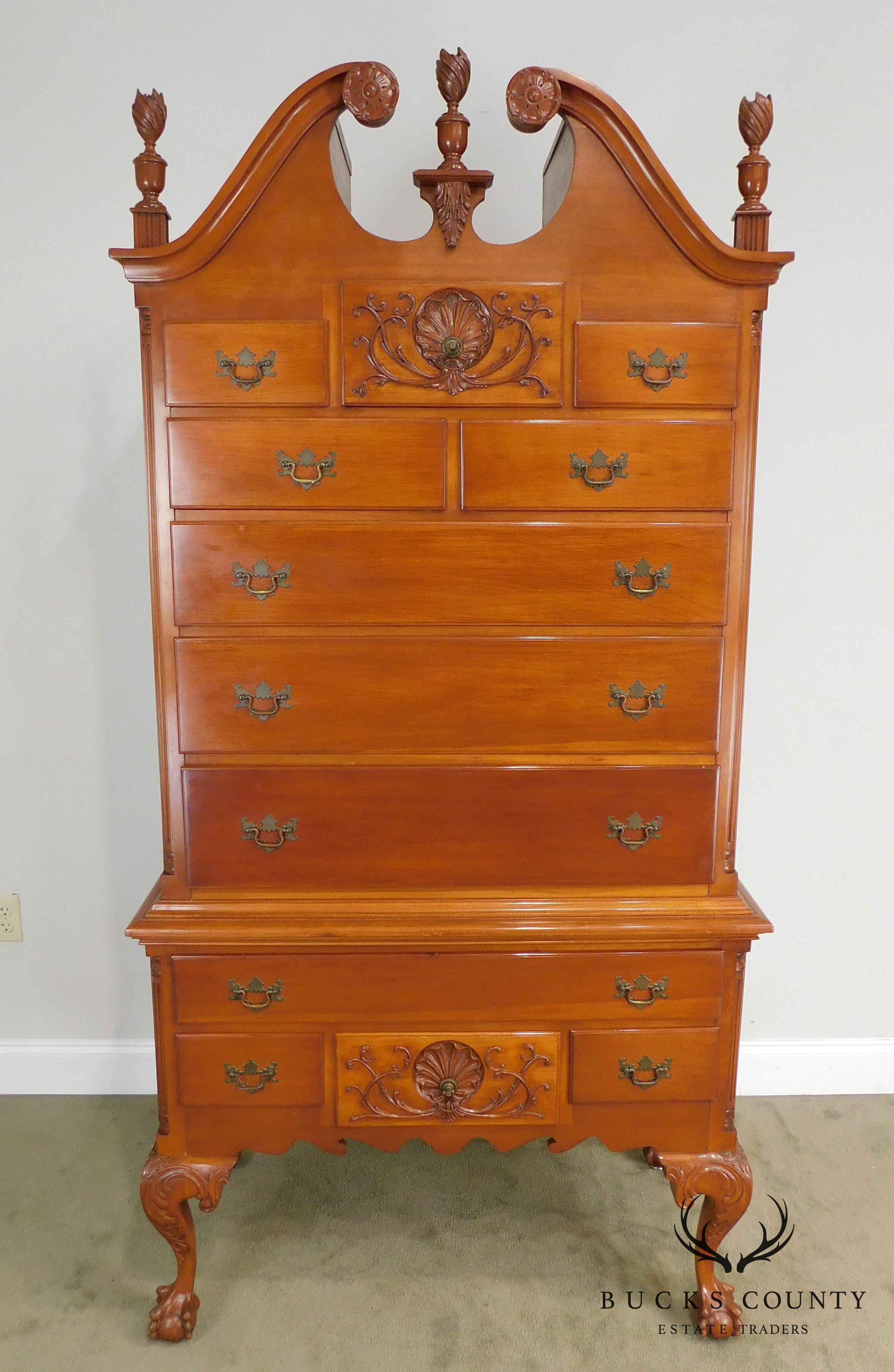 Colonial Craft Cherry Bench Made Chippendale Ball & Claw Bonnet Top Highboy