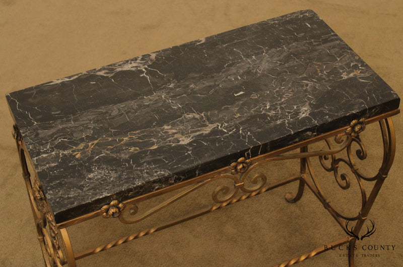1920's Antique Art Deco Wrought Iron Base Marble Top Side Table